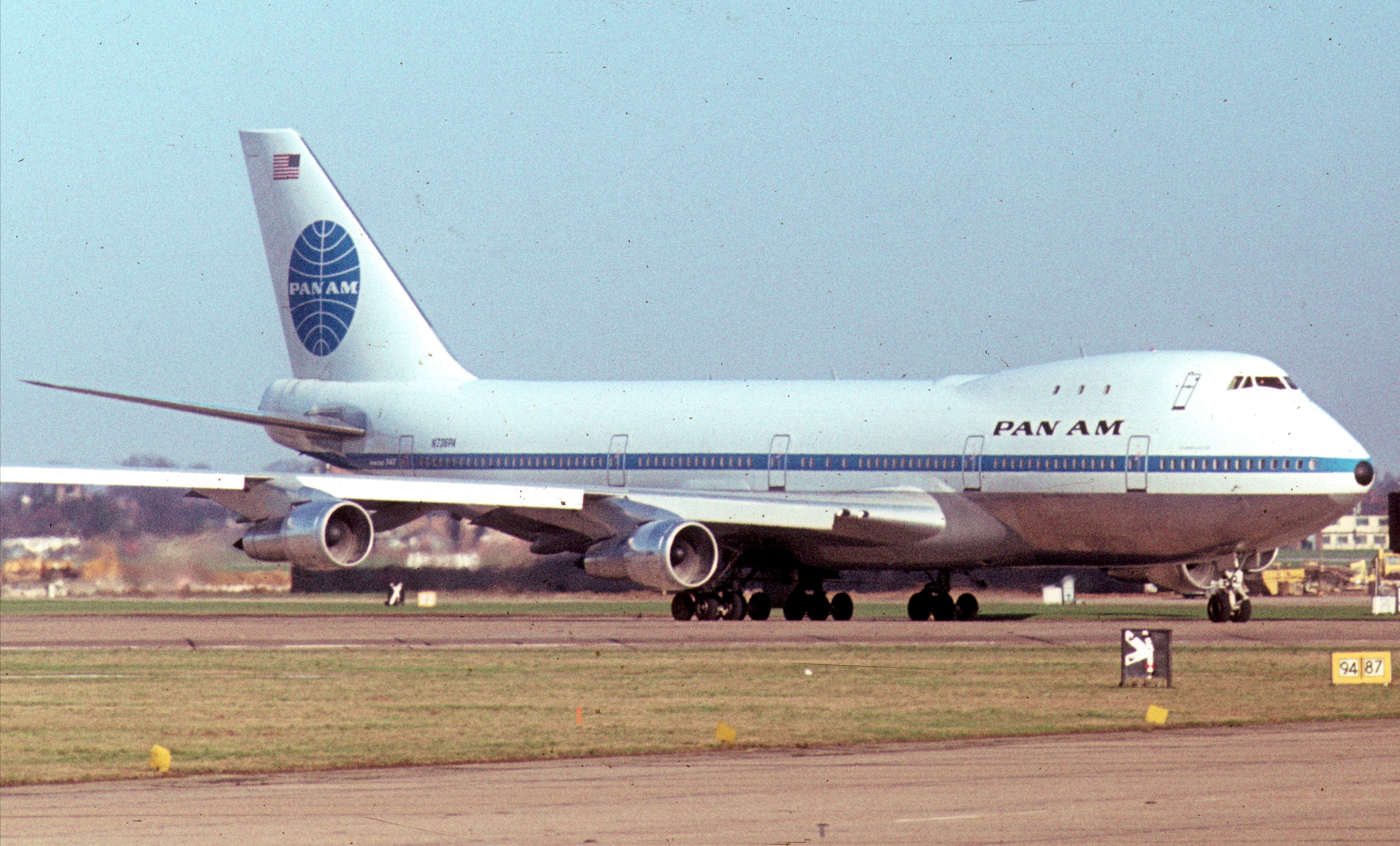A Pan American World Airways Boeing 747-121 on an airport apron.
