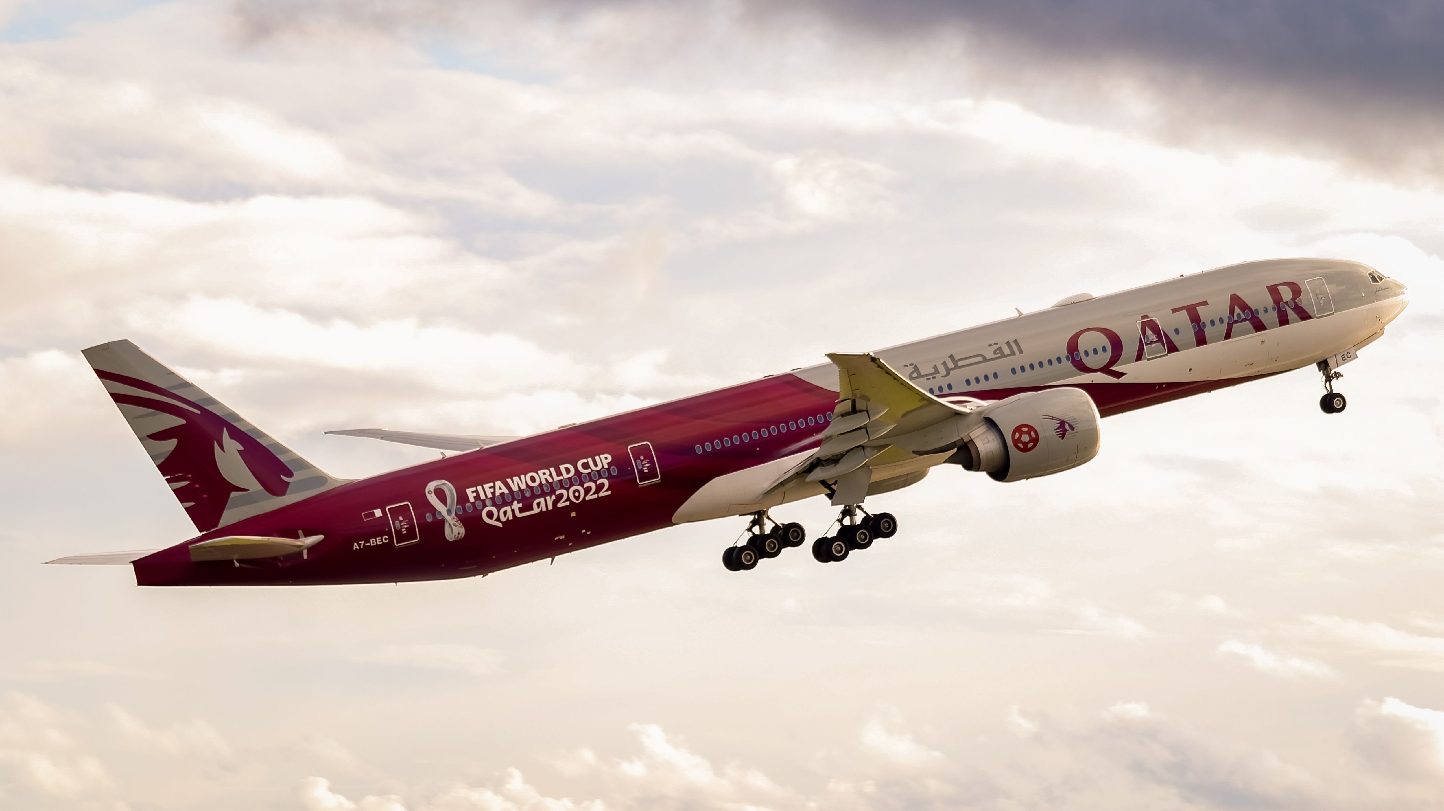 A Qatar Airways Boeing 777-300ER with a FIFA World Cup livery