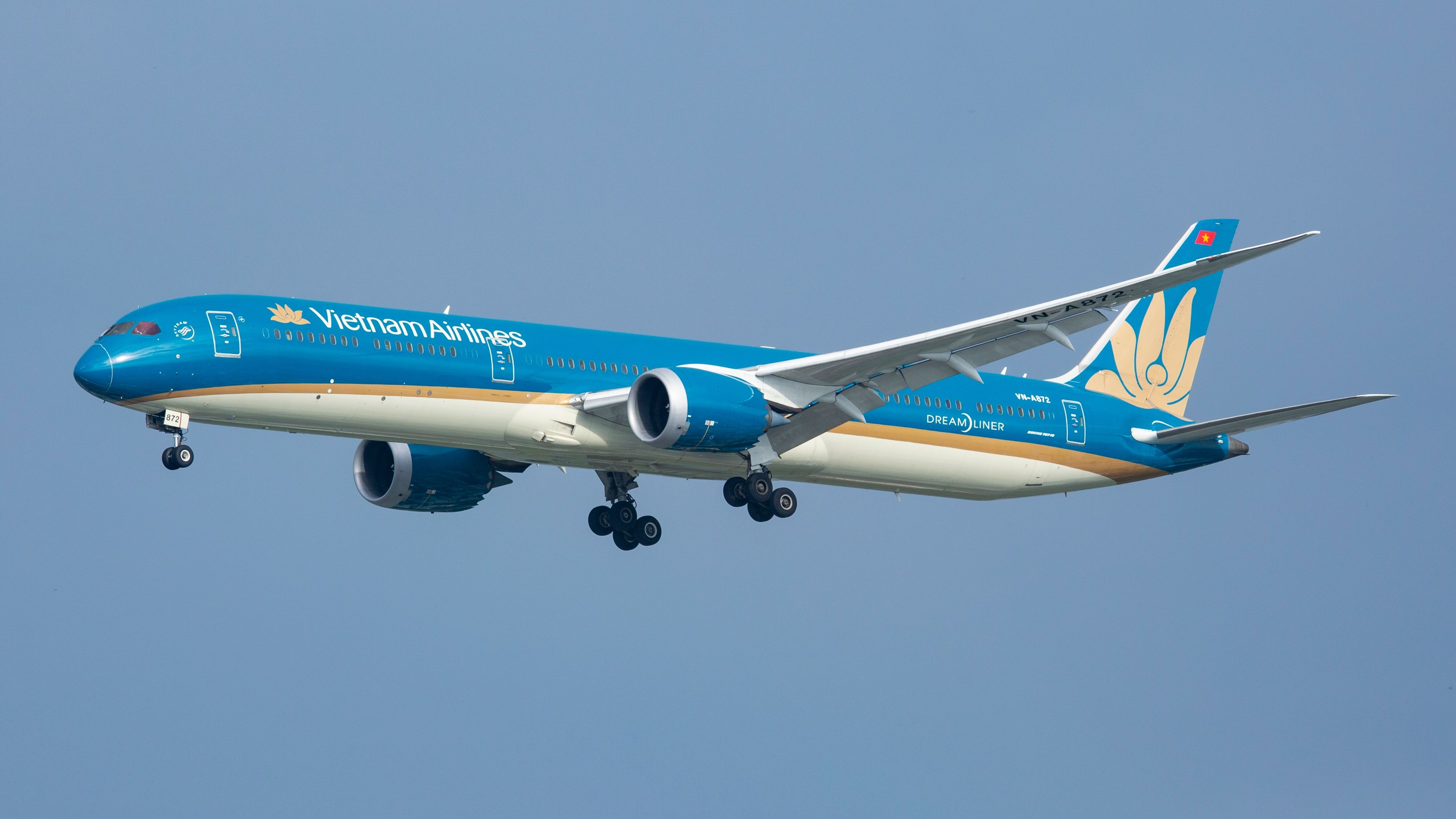 A Vietnam Airlines Boeing 787-10 flying in the sky.