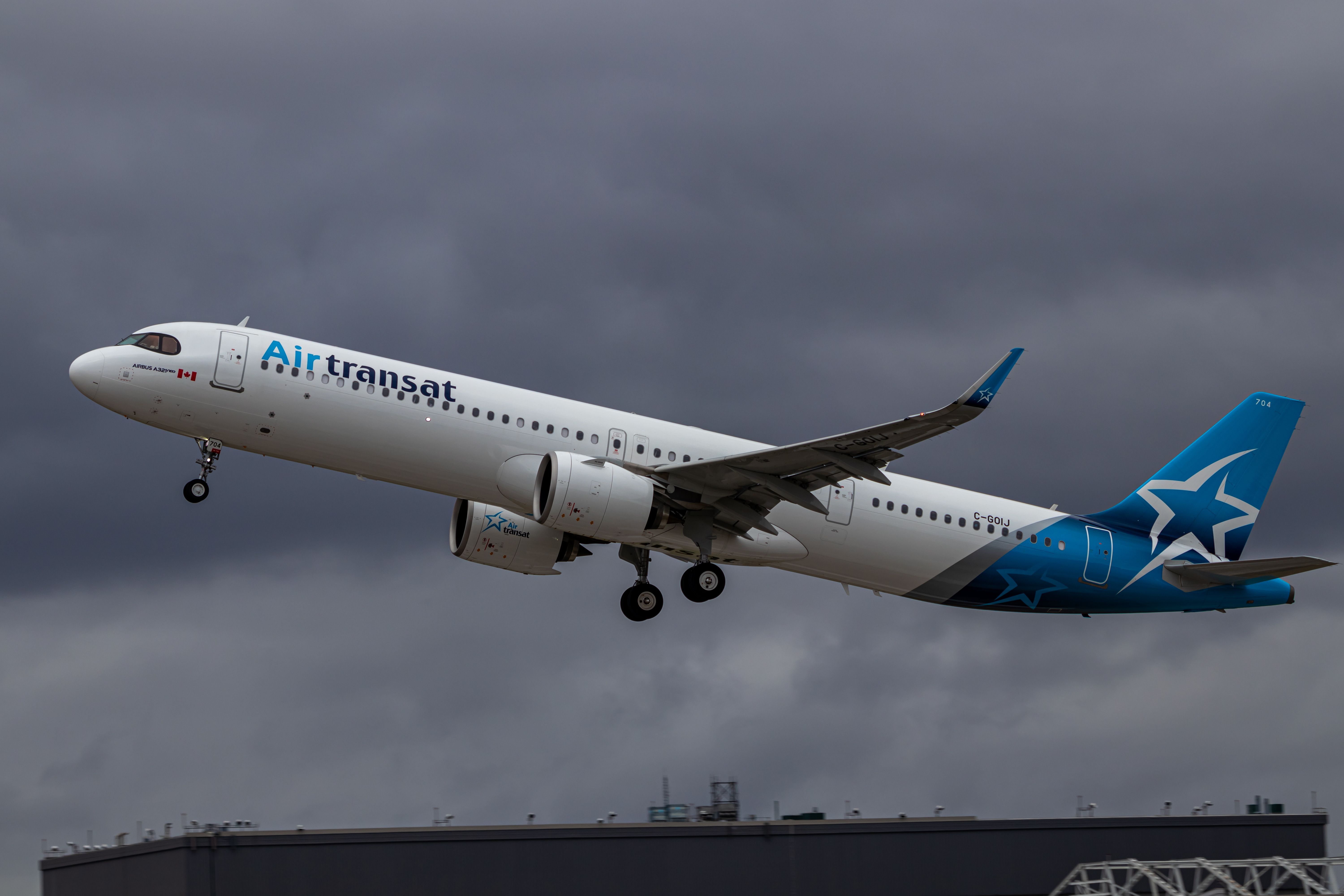 Air Transat Airbus A321LR taking off from Montreal, Canada