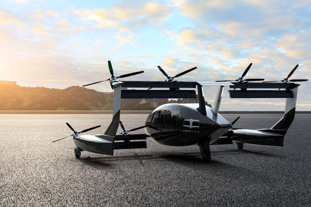 A render of the AMSL Vertiia on an airport apron.