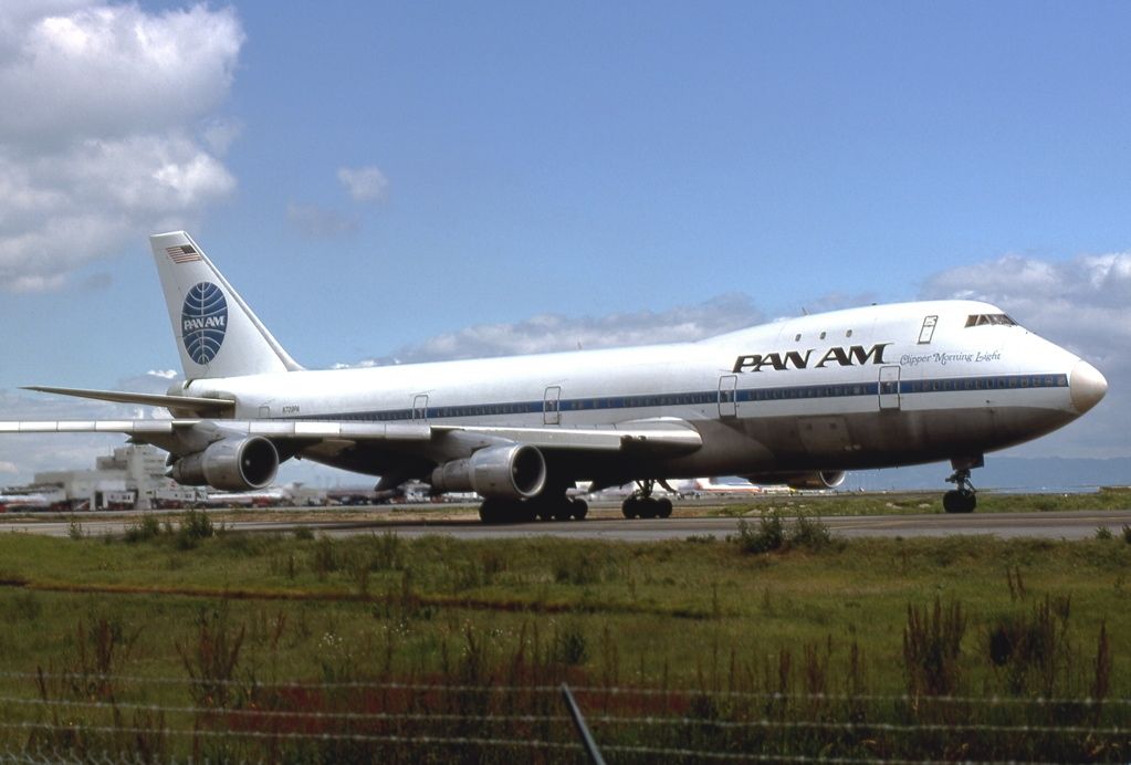 A Pan Am Boeing 747 on a runway.