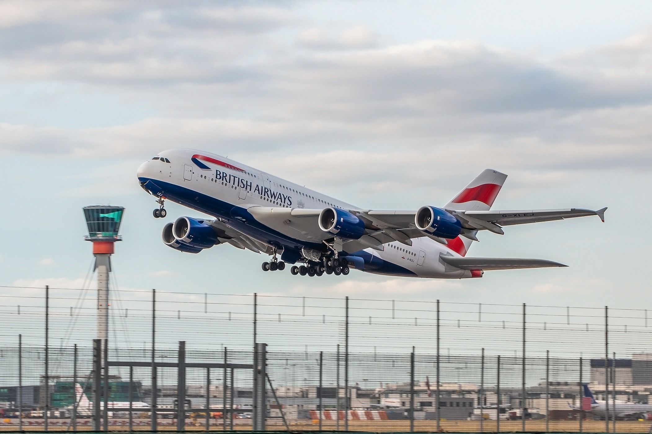 A British Airways Airbus A380 departing London Heathrow Airport.