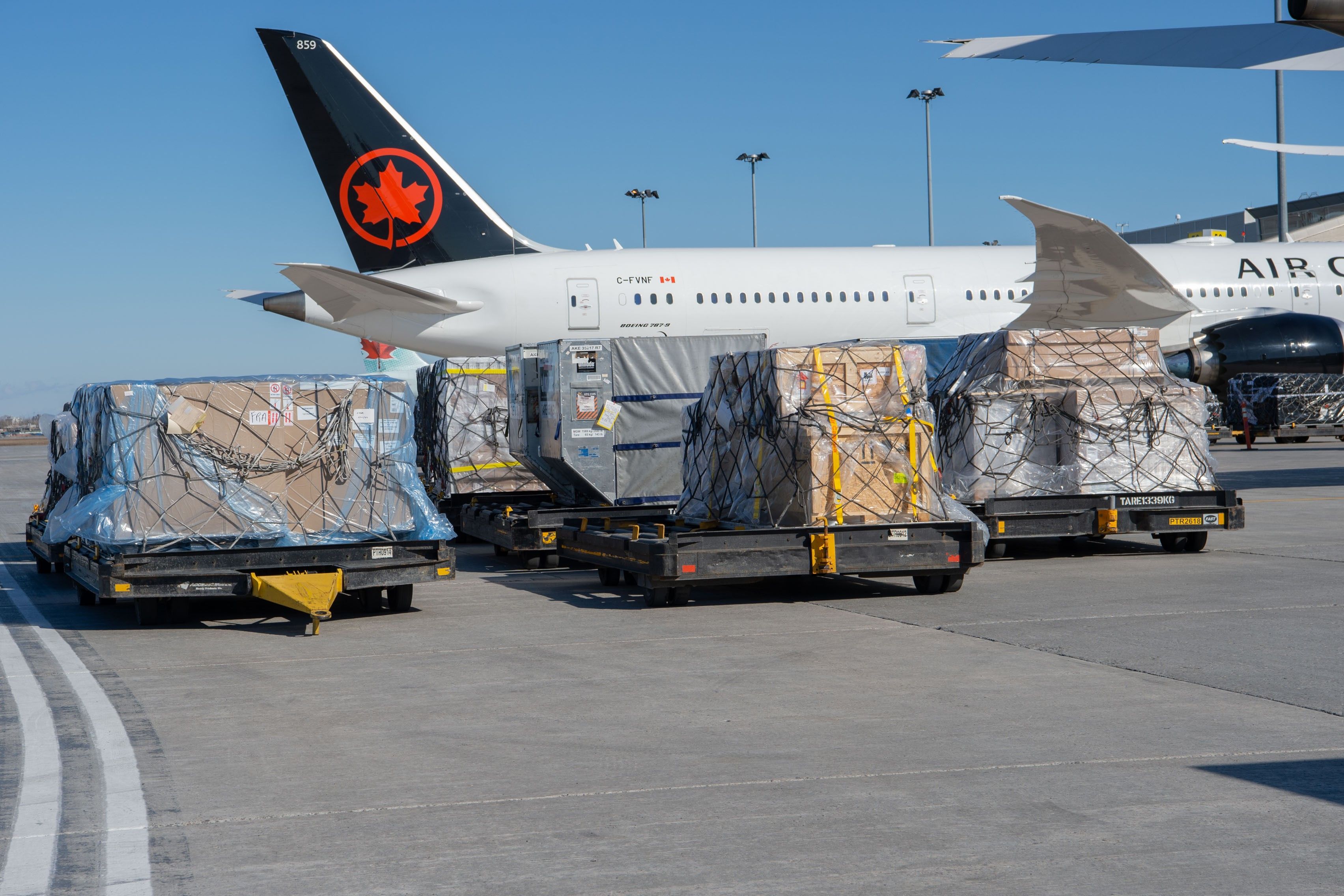 Air Cargo sitting on an airport apron waiting to be loaded onto an Air Canada Boeng 787-9.