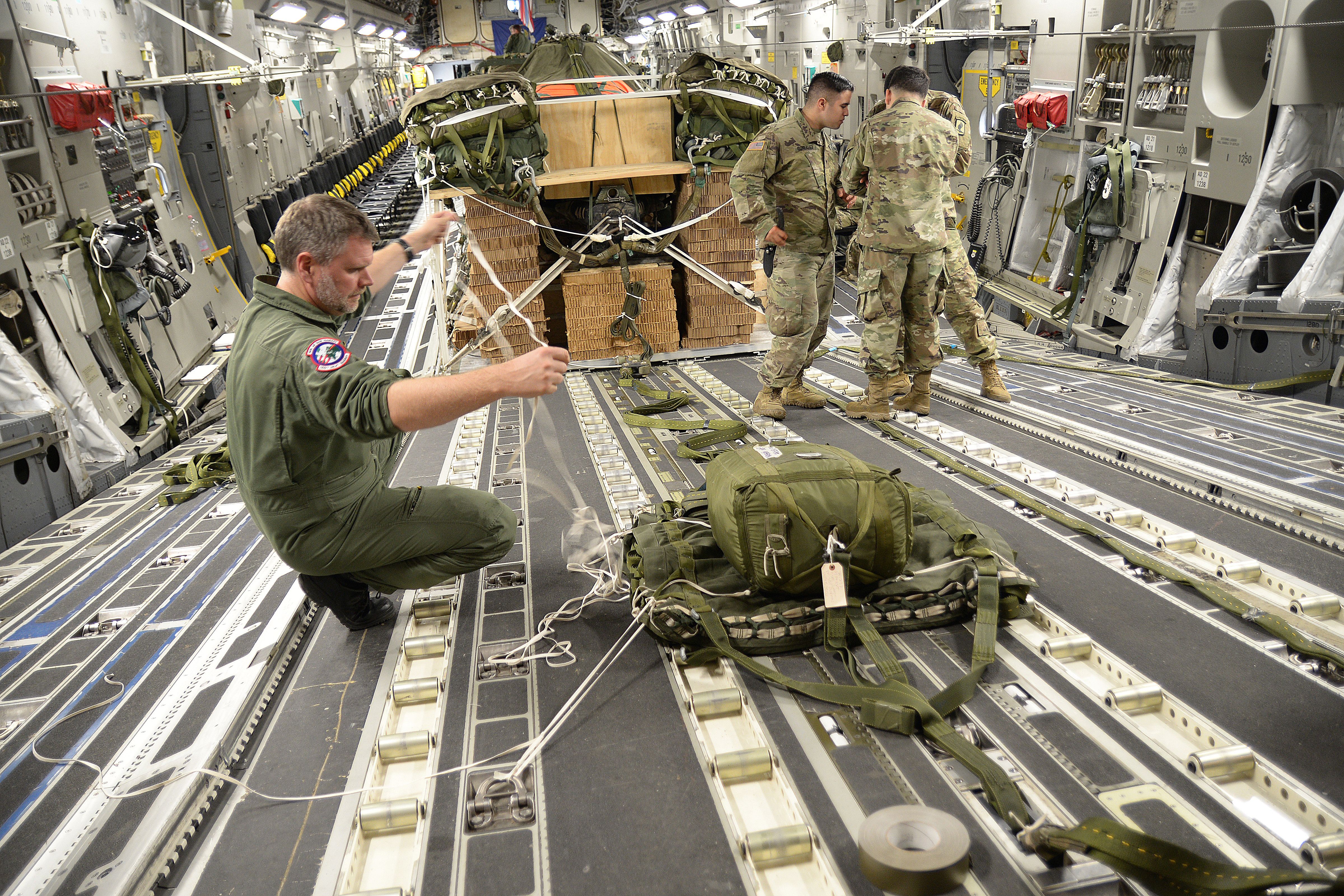 Soldiers Loading Cargo Onto A Boeing C-17 Globemaster.