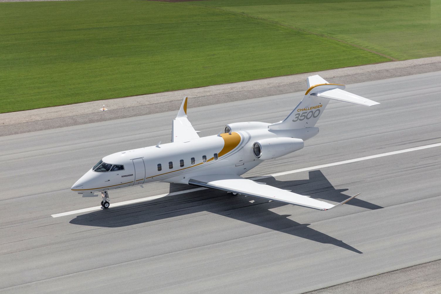 A Bombardier Challenger 3500 on a runway.
