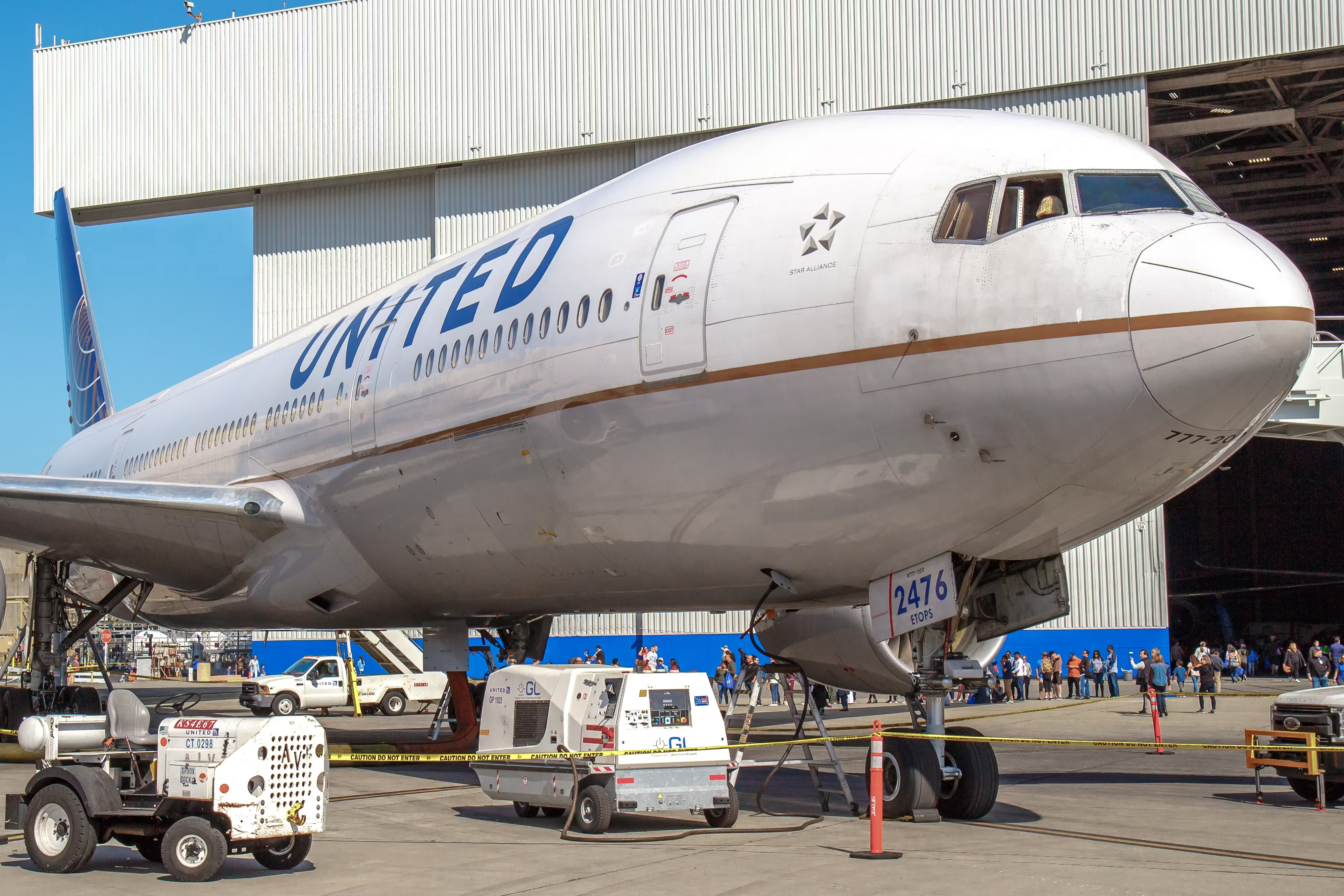A United Boeing 777 parked during a maintenance check