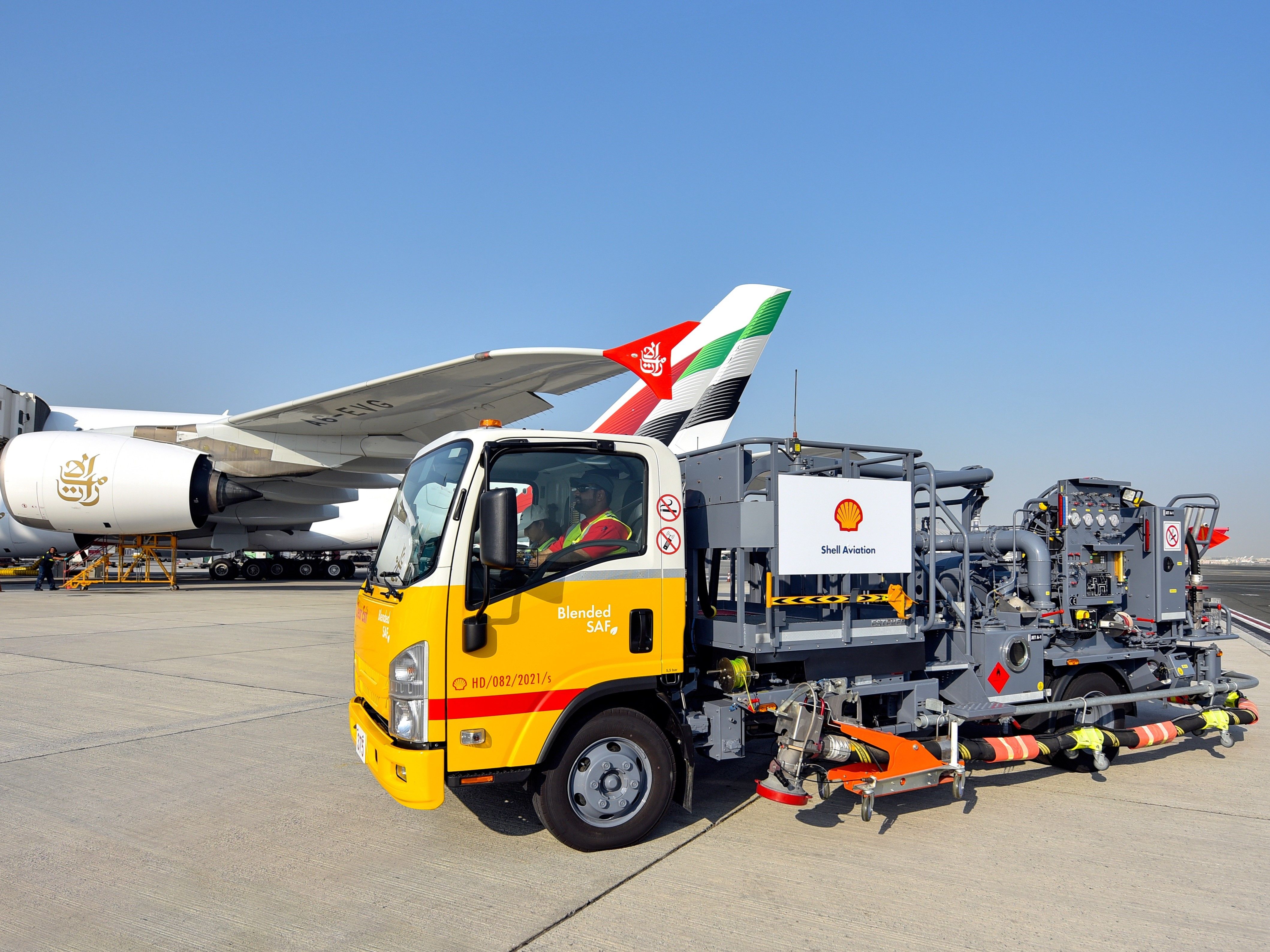 dsc-2399a - 16x9 - Shell Aviation SAF Fuel Truck on Dubai Tarmac with Emirates A380