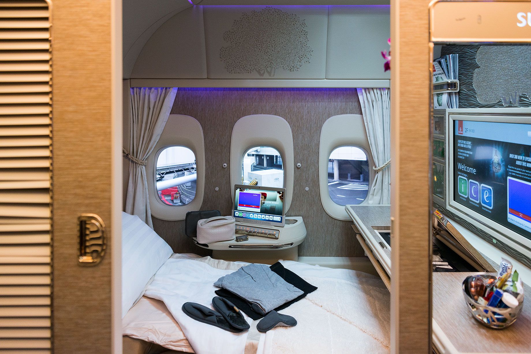 A view of Emirates Boeing 777-300ER First Class cabin