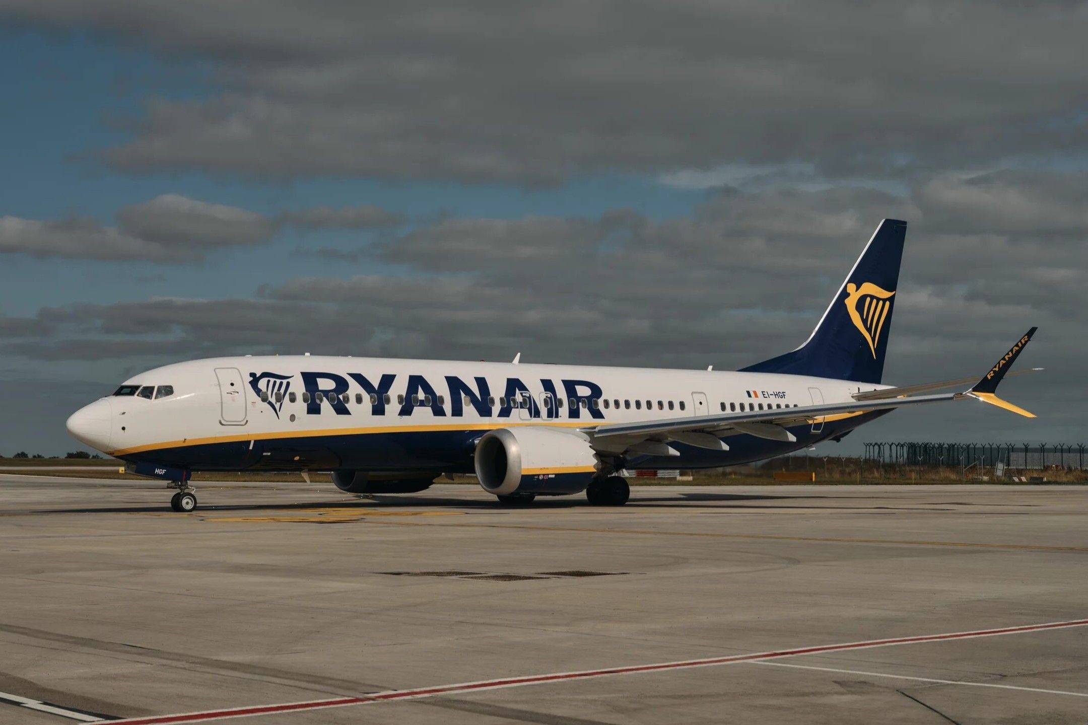 A Ryanair Boeing 737 MAX Parked On An Airport Apron.