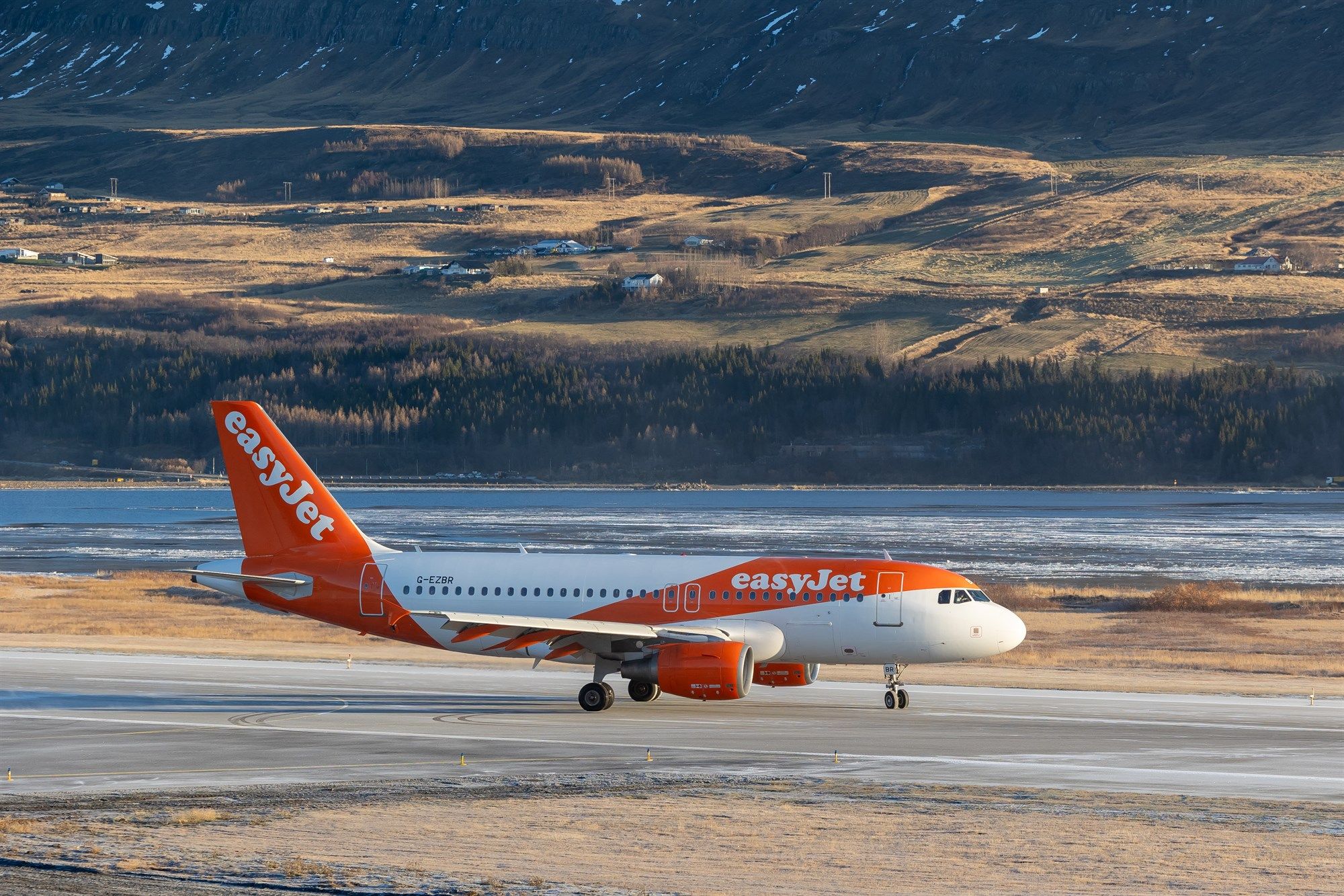 An easyjet Airbus A319 lands at Akureyri Airport in North Iceland