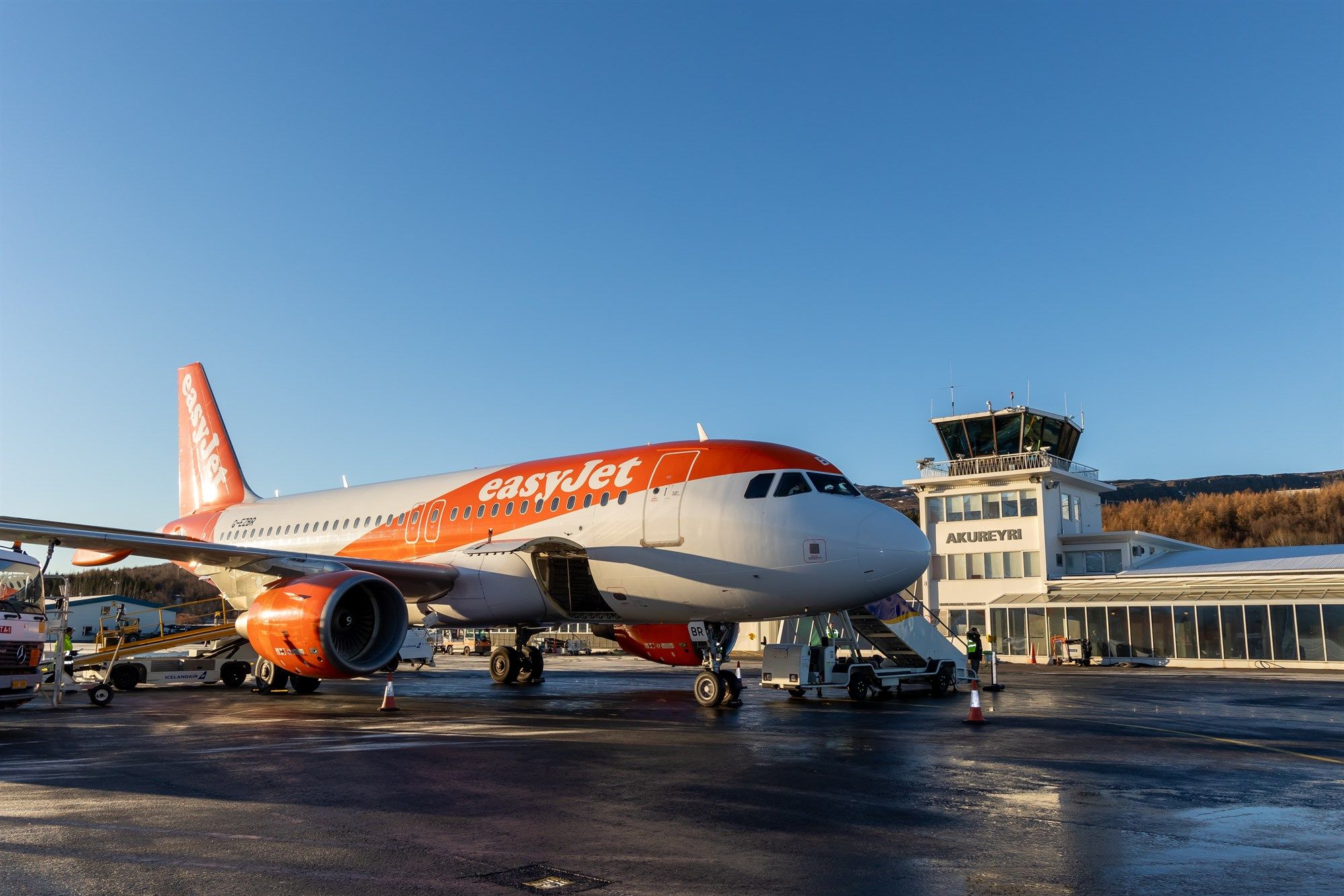 An easyjet Airbus A319 at Akureyri Airport in North Iceland