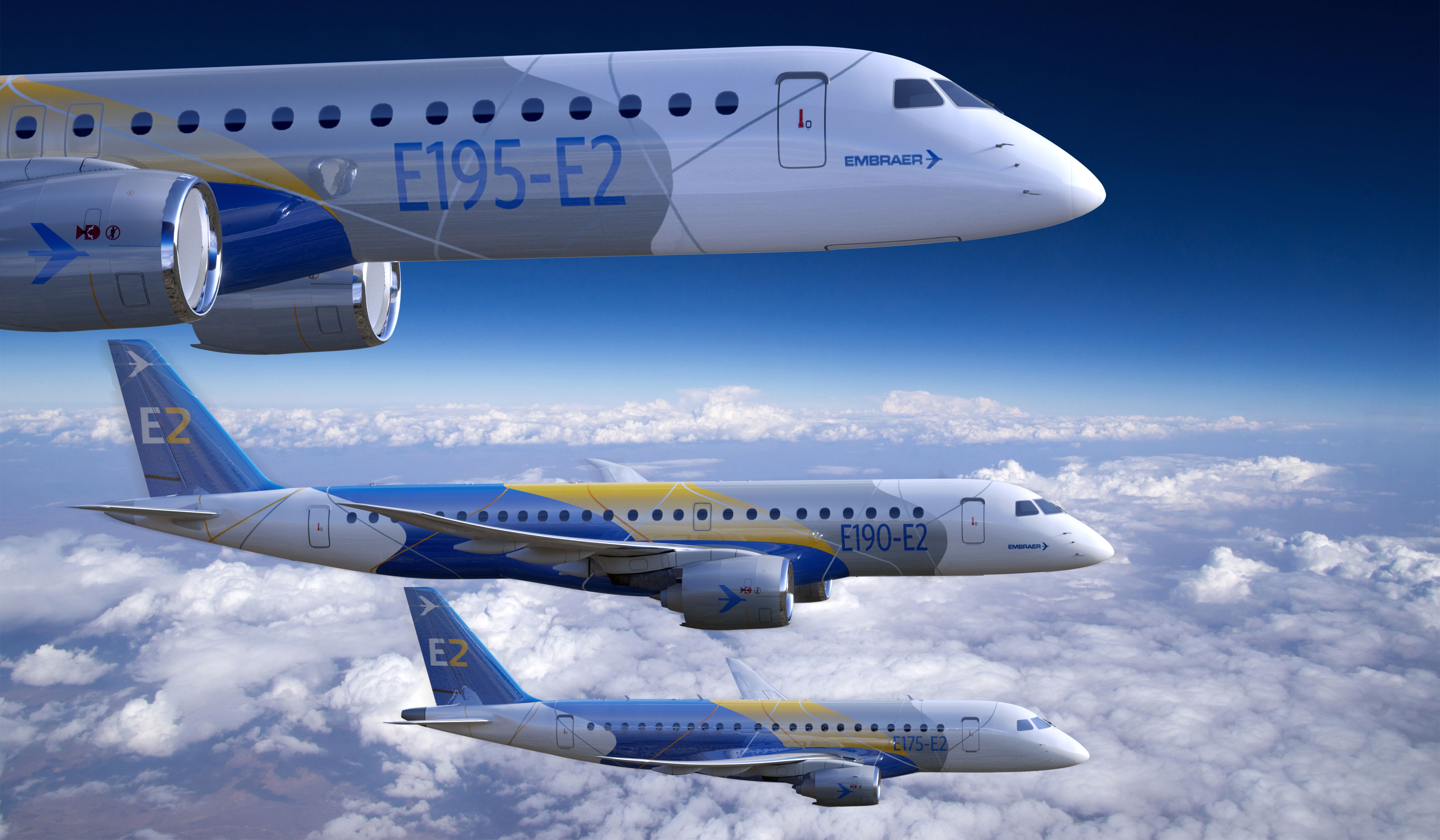 Renderings of Embraer E2 jets flying