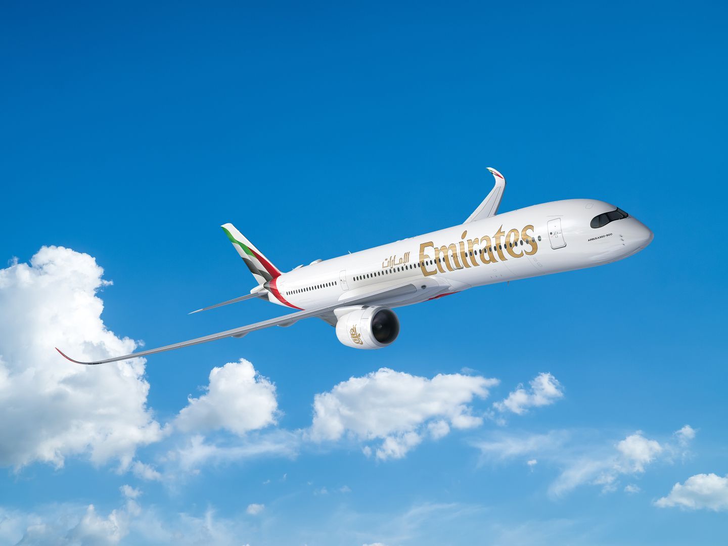 A render of an Emirates A350-900 flying in the sky.