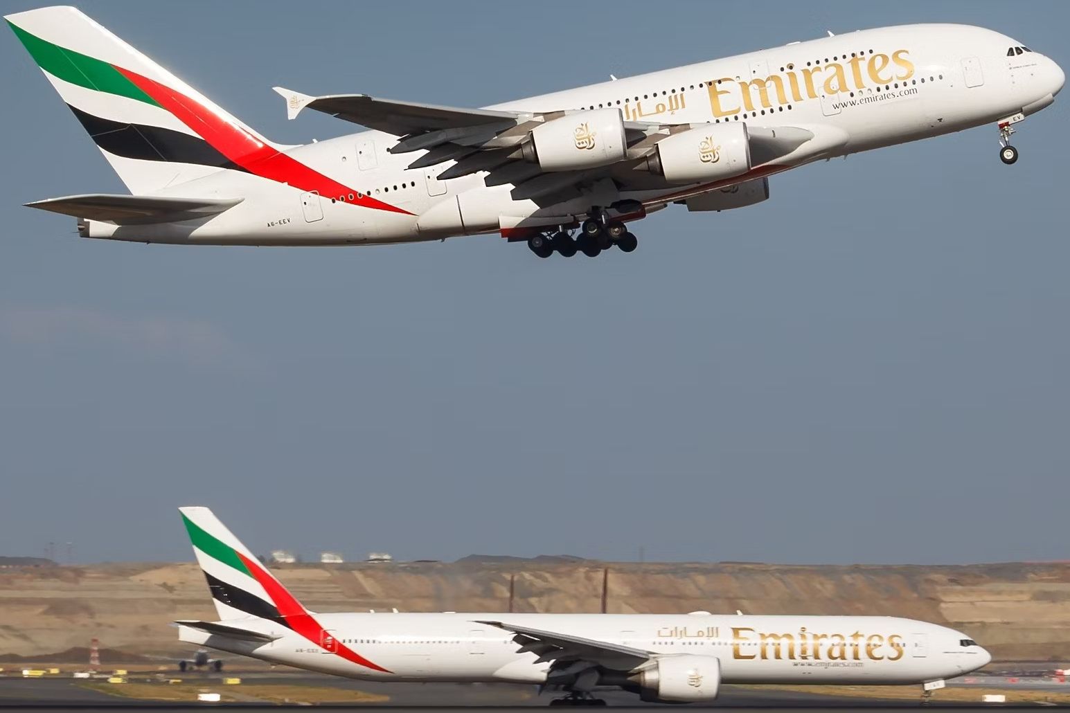 An Emirates Airbus A380 taking off while an Emirates Boeing 777 sits on a taxiway.