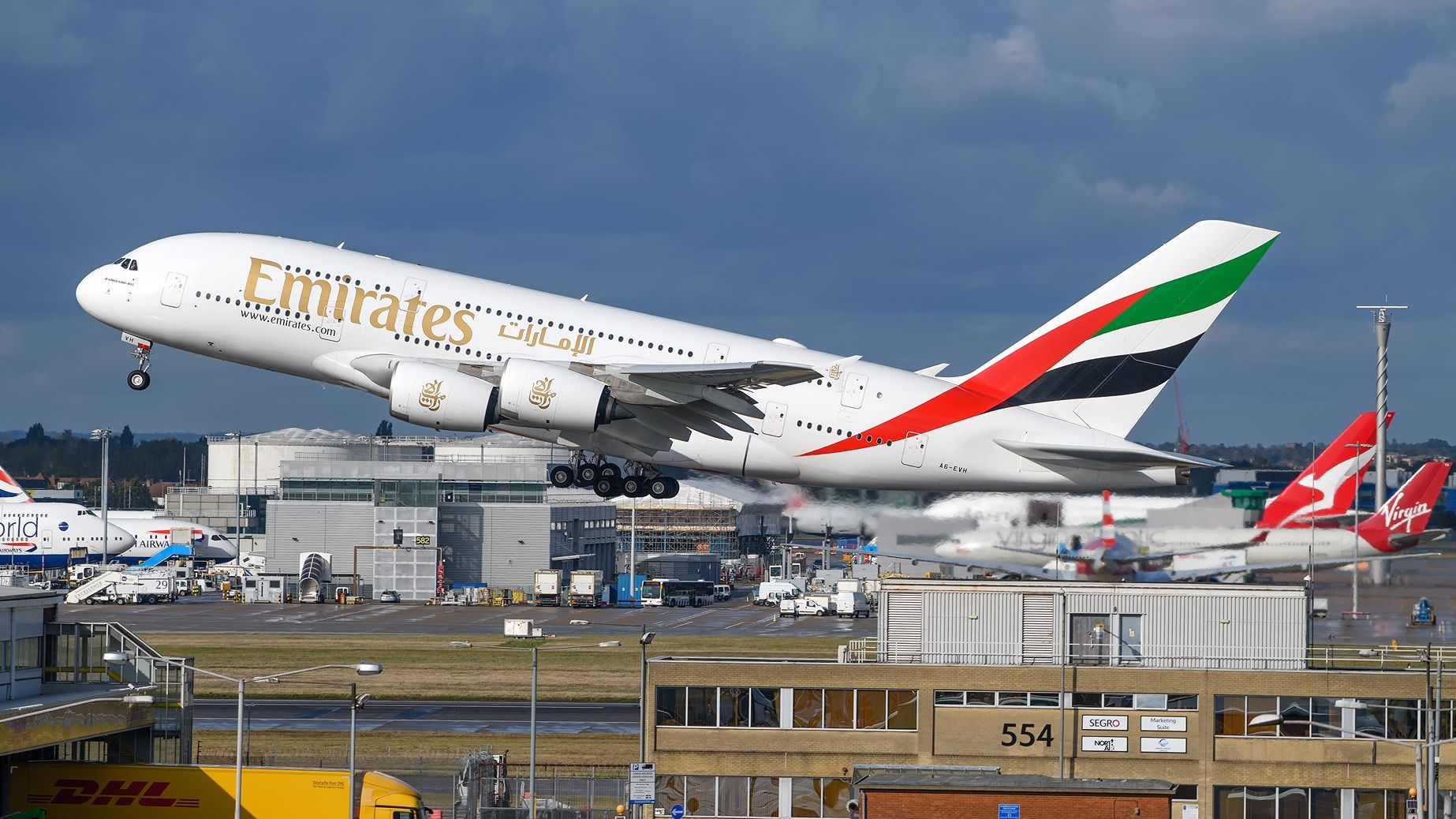 Emirates Airbus A380 departing London Heathrow Airport (LHR)-1