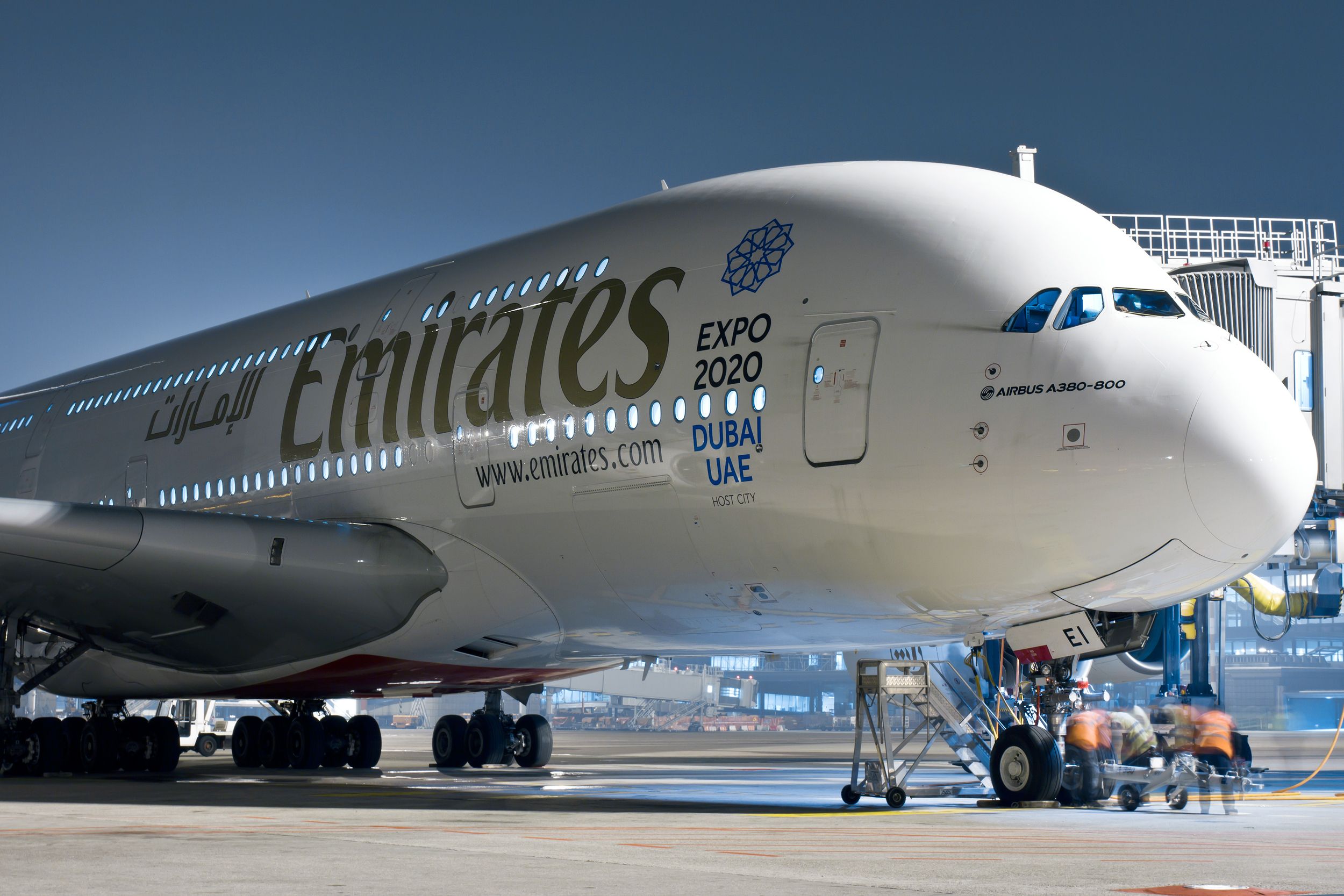 Emirates Airbus A380 during boarding at Milan Malpensa Airport MXP