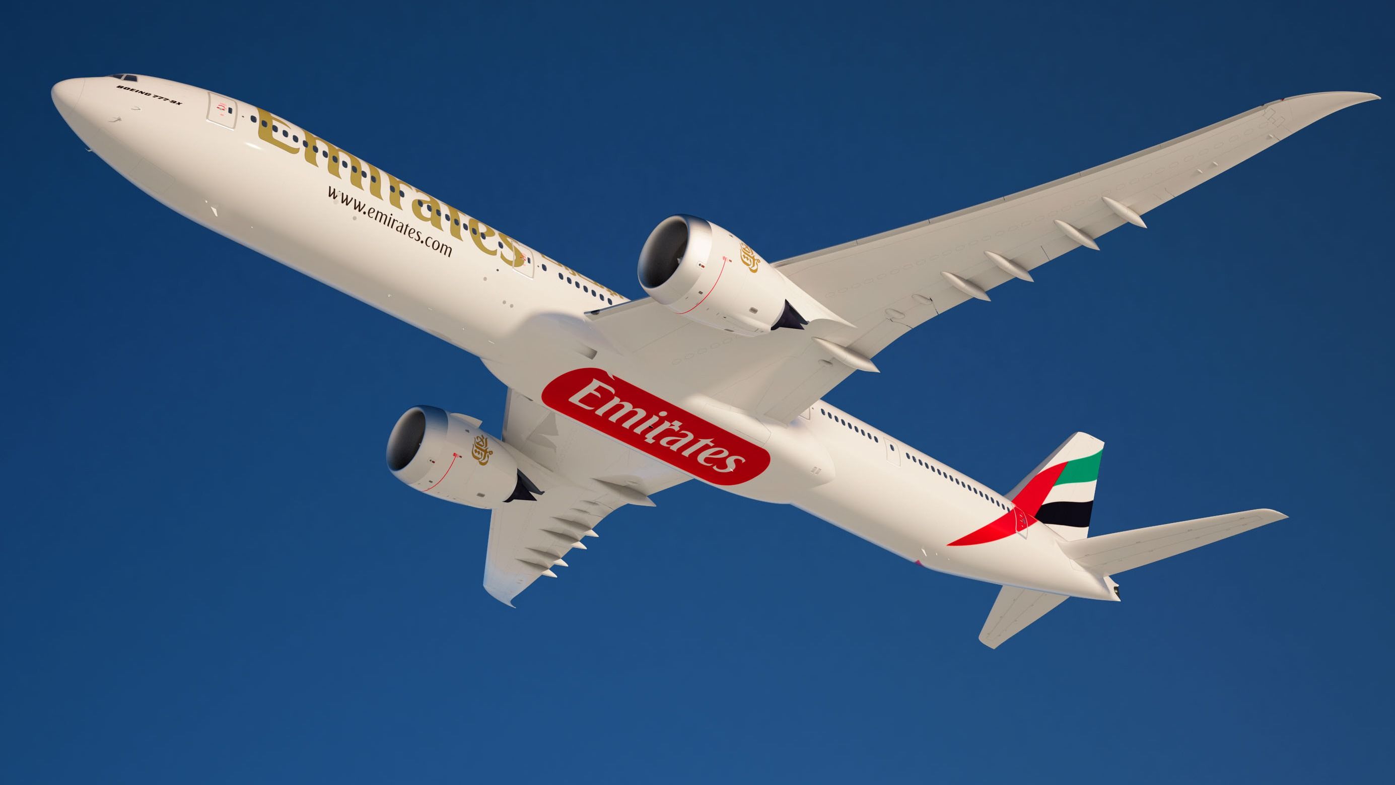 A Render of an Emirates Boeing 777X aircraft flying in the sky.