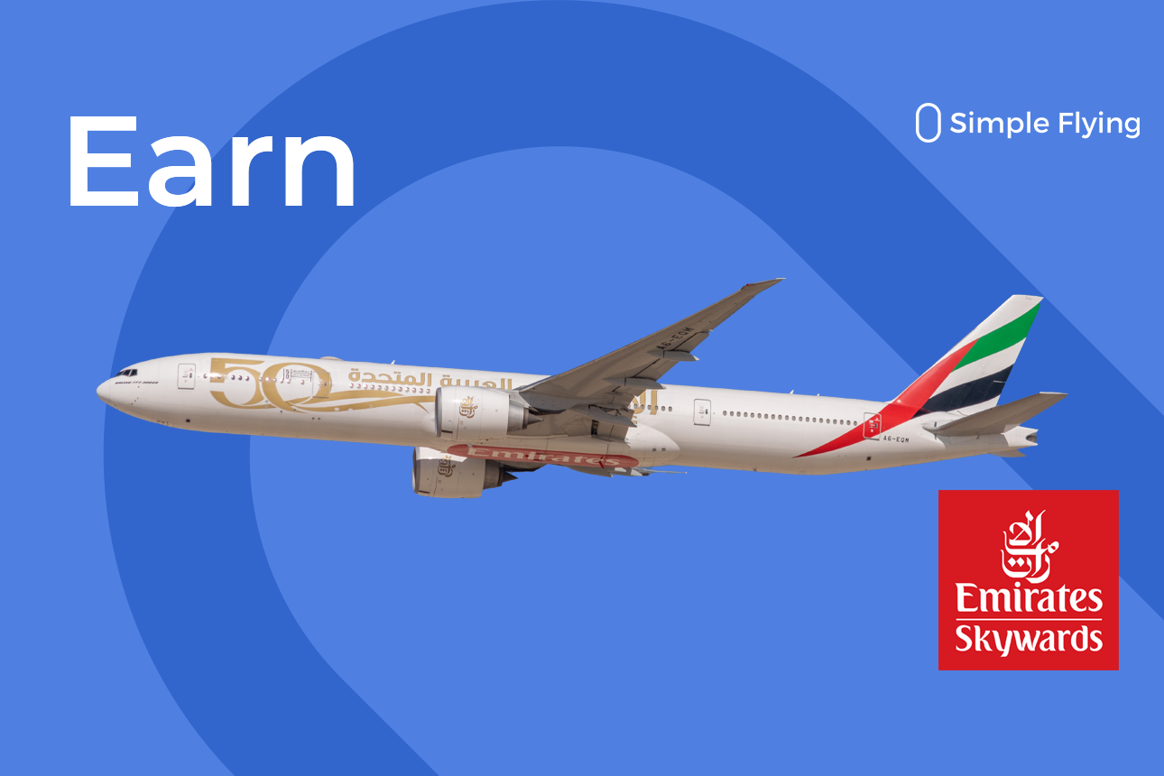 An Emirates Boeing 777 near an Emirates Skywards icon.