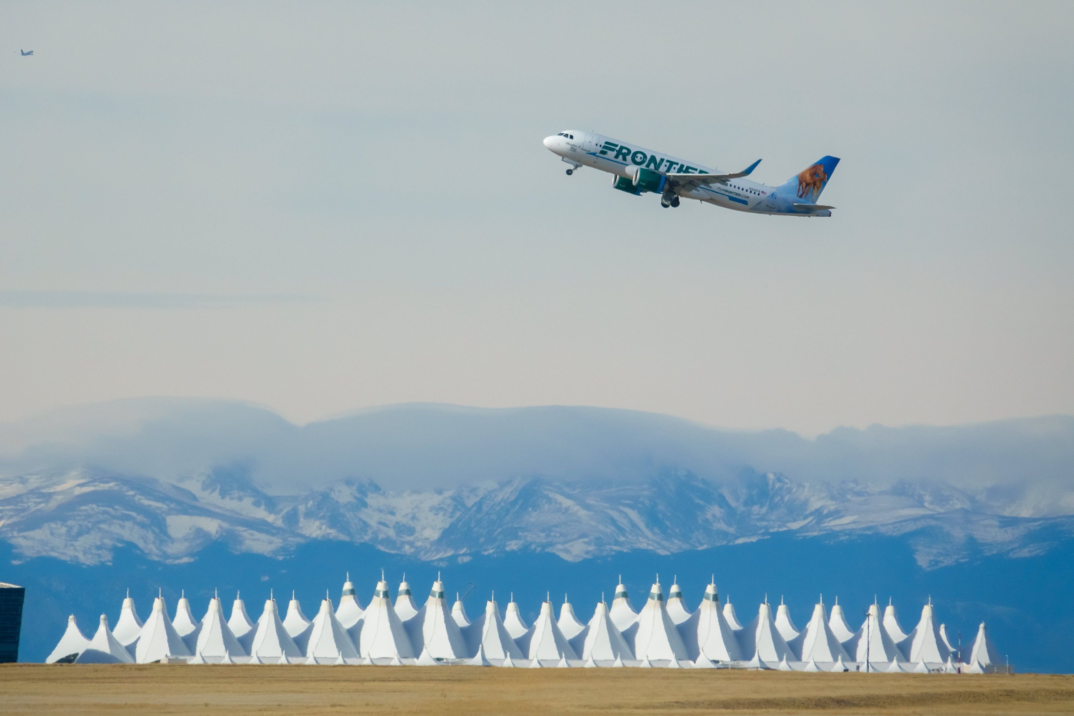 Frontier Airlines Airbus A320neo departing from Denver International Airport. 