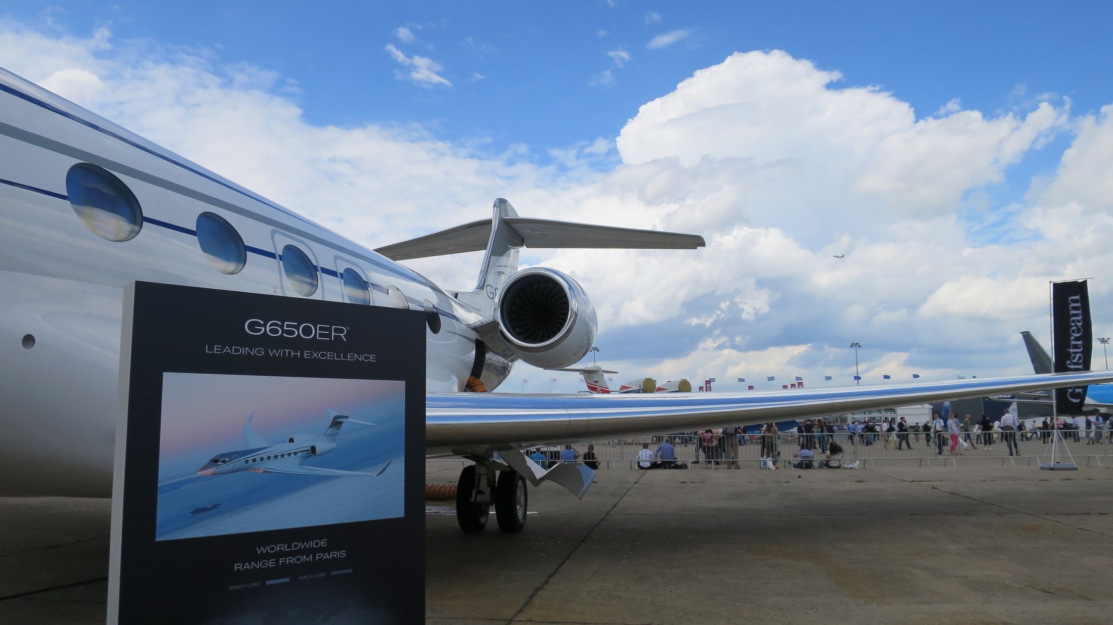 A Gulfstream G650ER on display at a business aviation show.