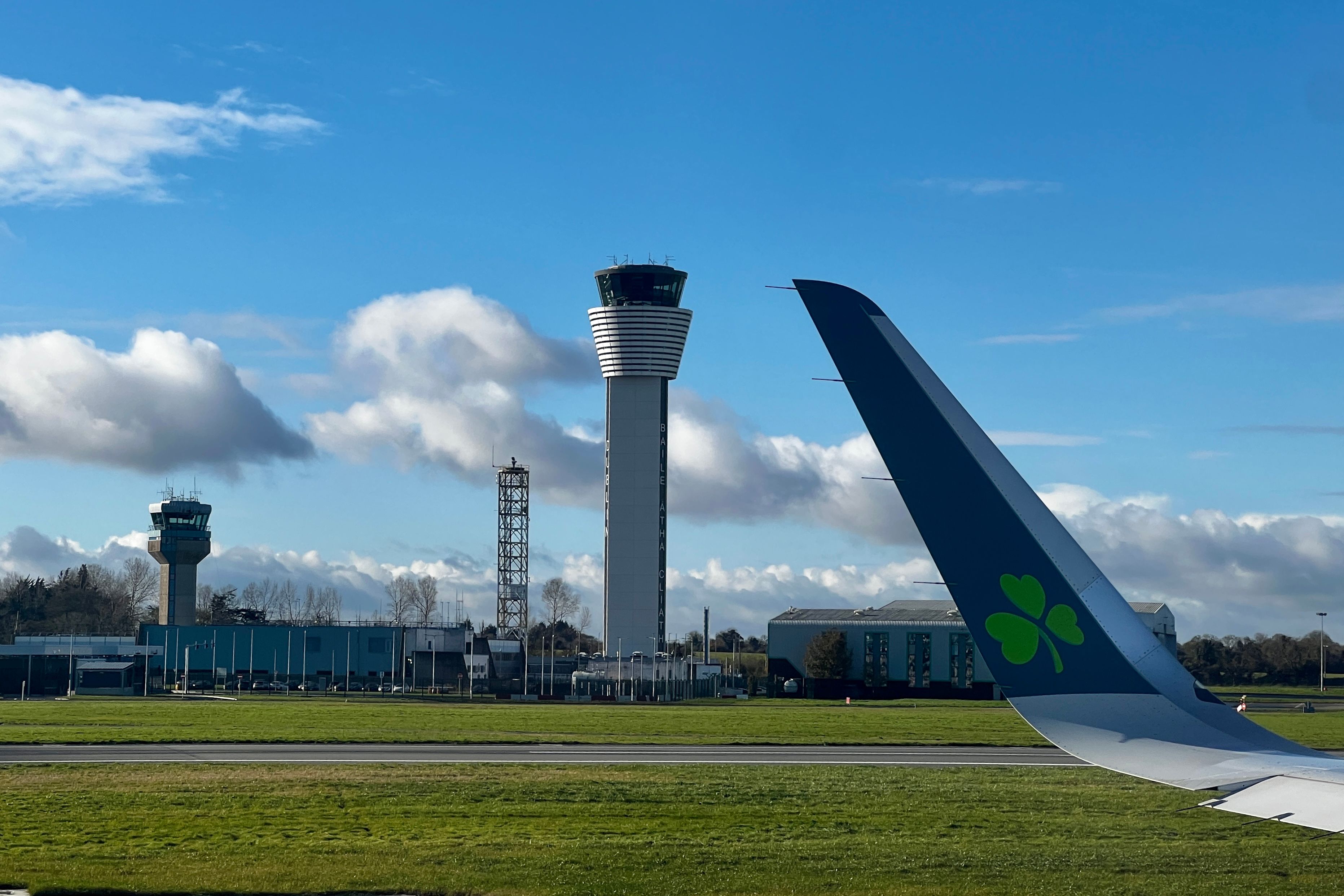 The view of the Dublin Airport Control Tower from an Aer Lingus aircraft window.