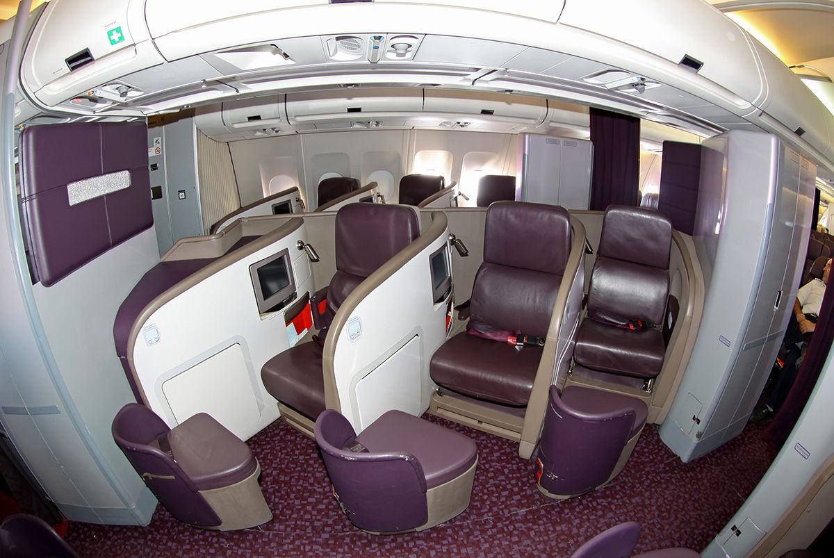 Inside the Iran Aseman Airlines Airbus A340-300 business class cabin.