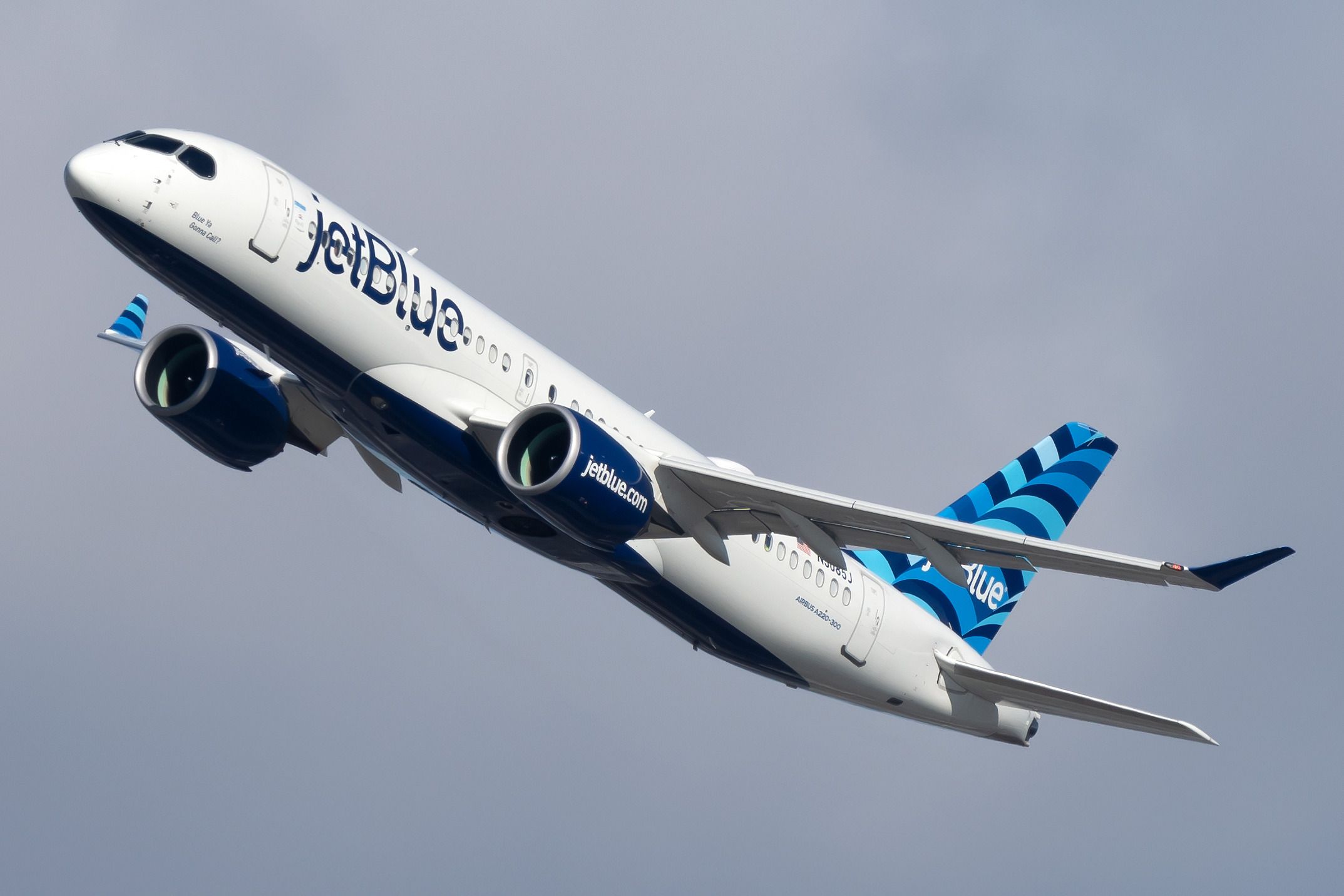 A JetBlue Airways Airbus A220-300 flying. 