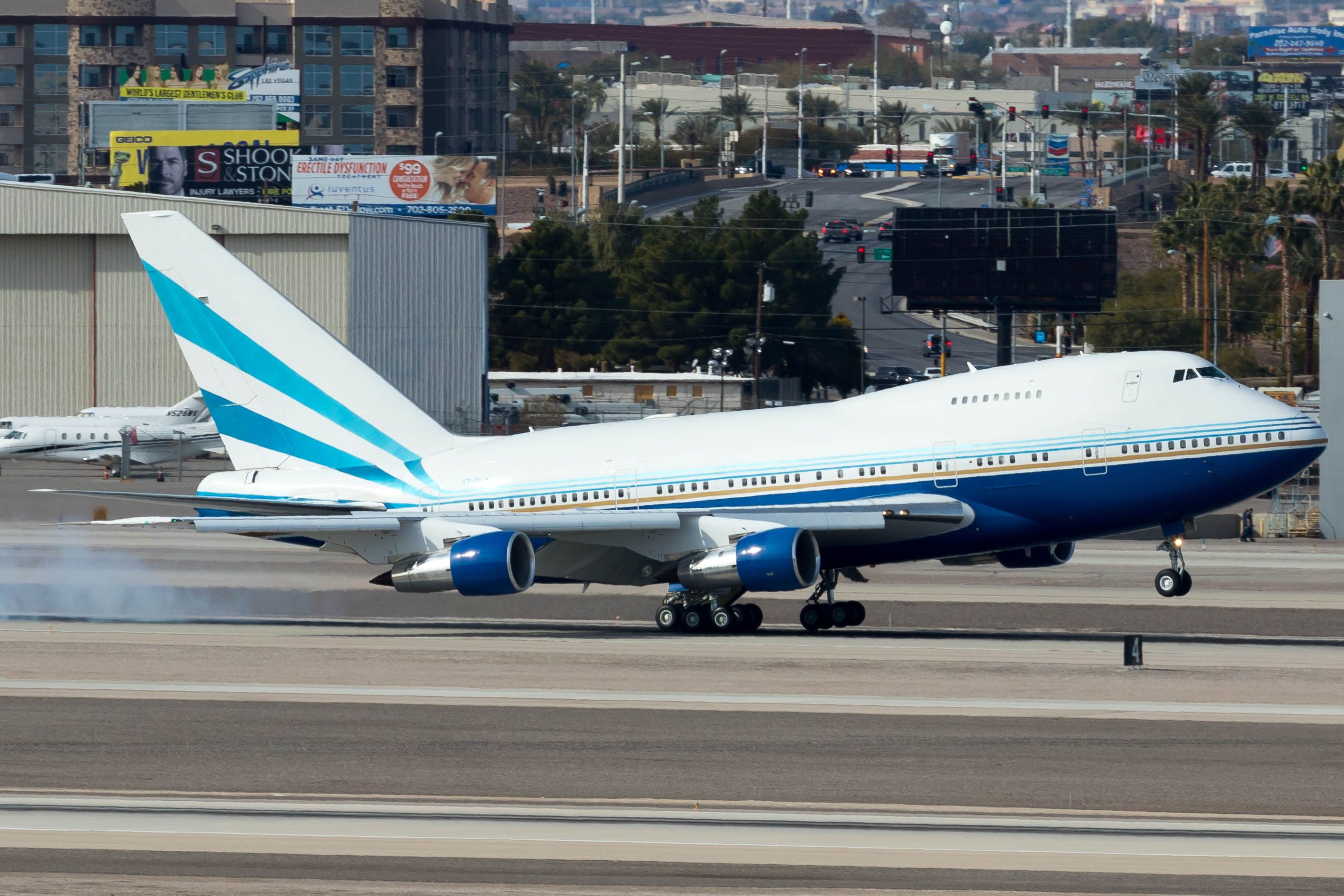 The Las Vegas Sands Private Boeing 747SP just after landing on a runway.