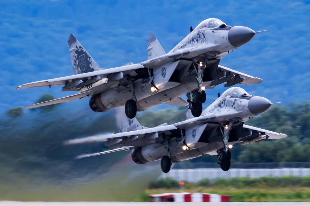 Two Slovak Air Force MiG-29s just after taking off.