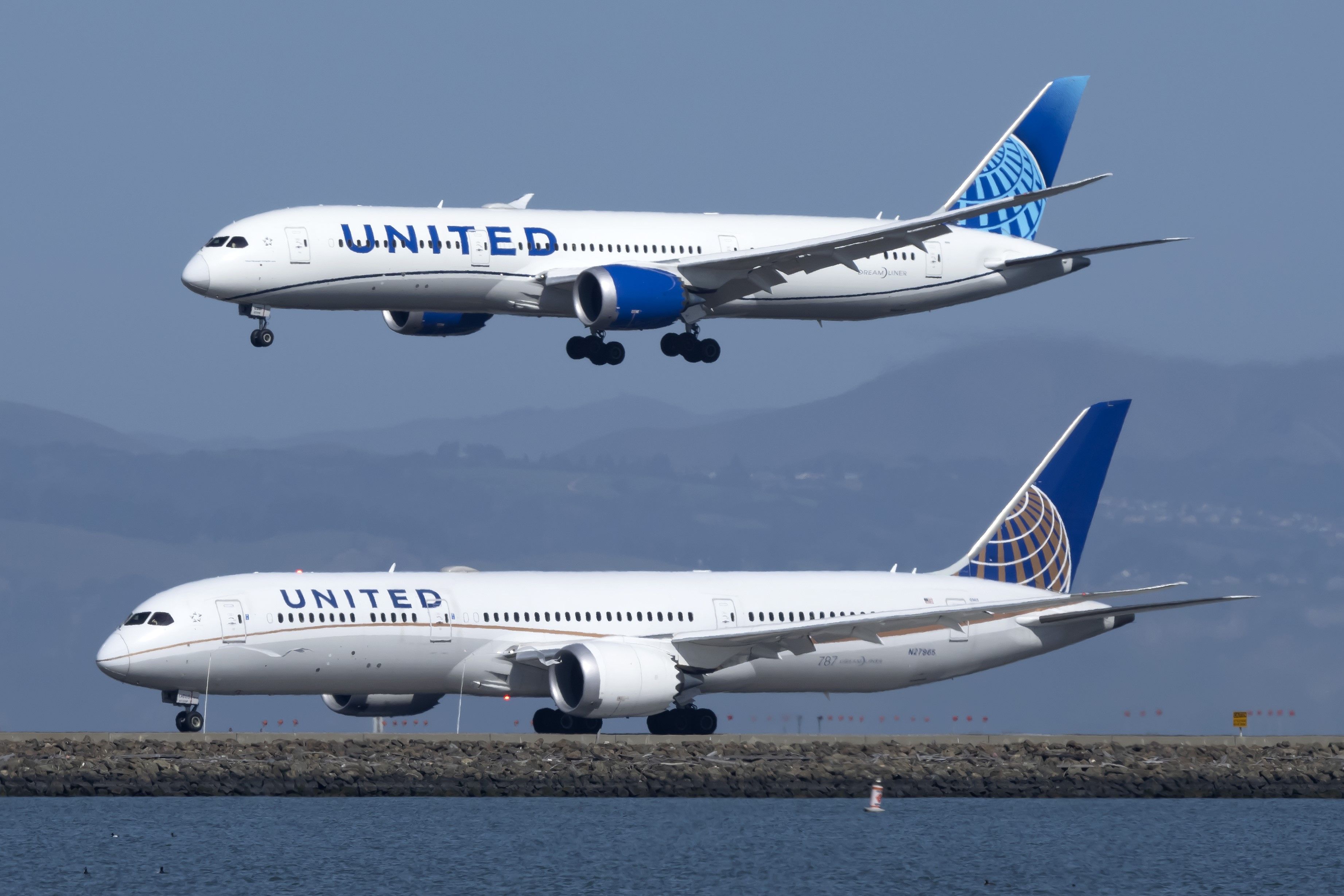 Two United Airlines aircraft, one on a taxiway and another about to land on a runway.