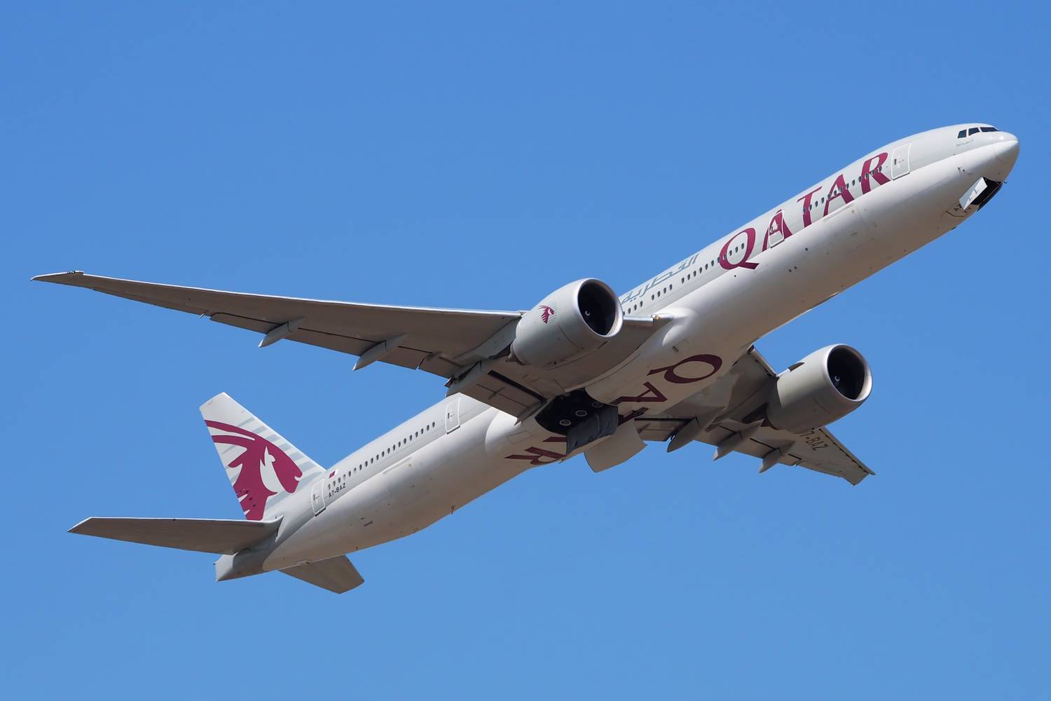Qatar Airways Boeing 777-300ER departing Bangkok, Thailand