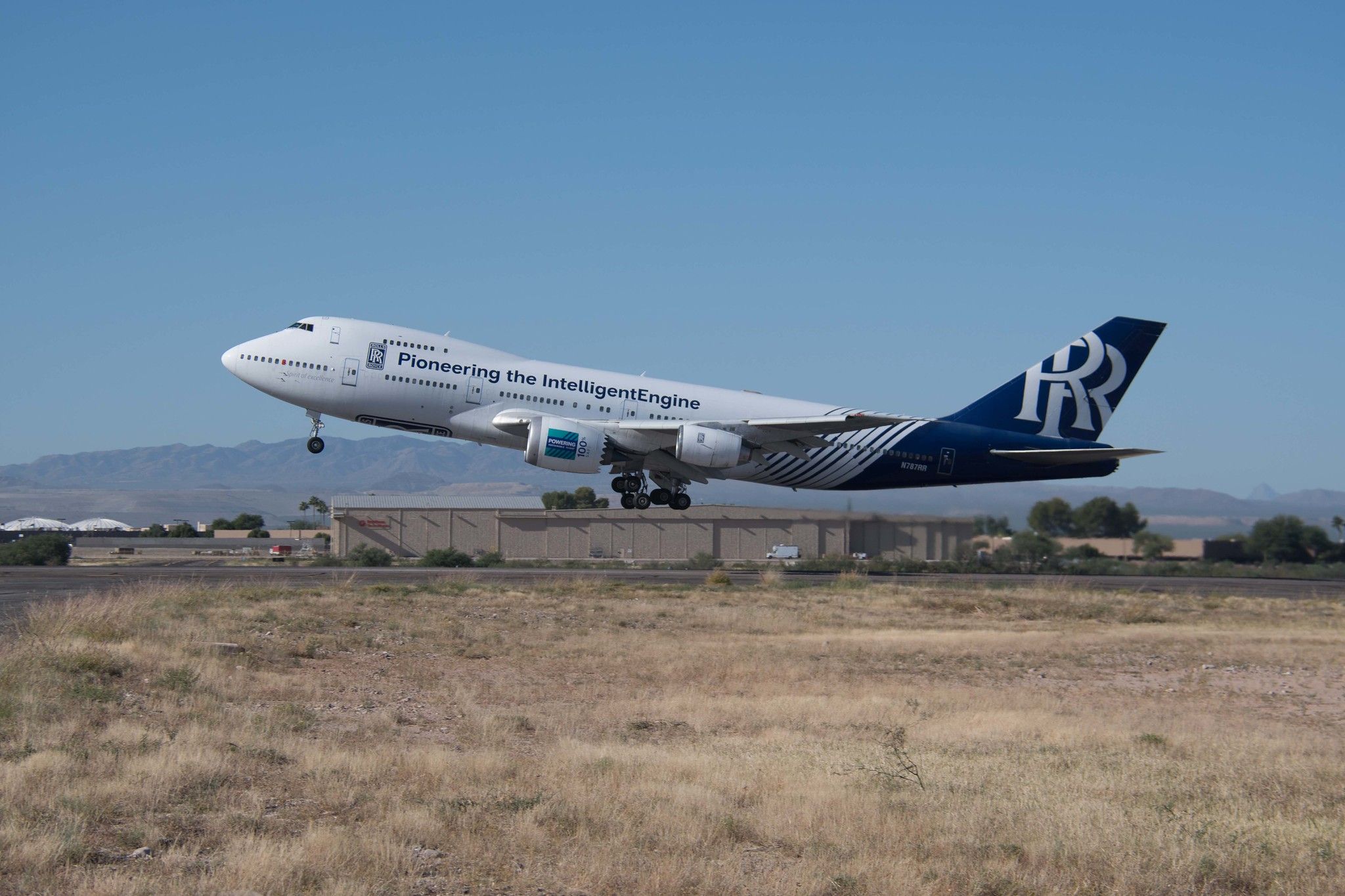 The Rolls-Royce Boeing 747-200 testbed taking off.