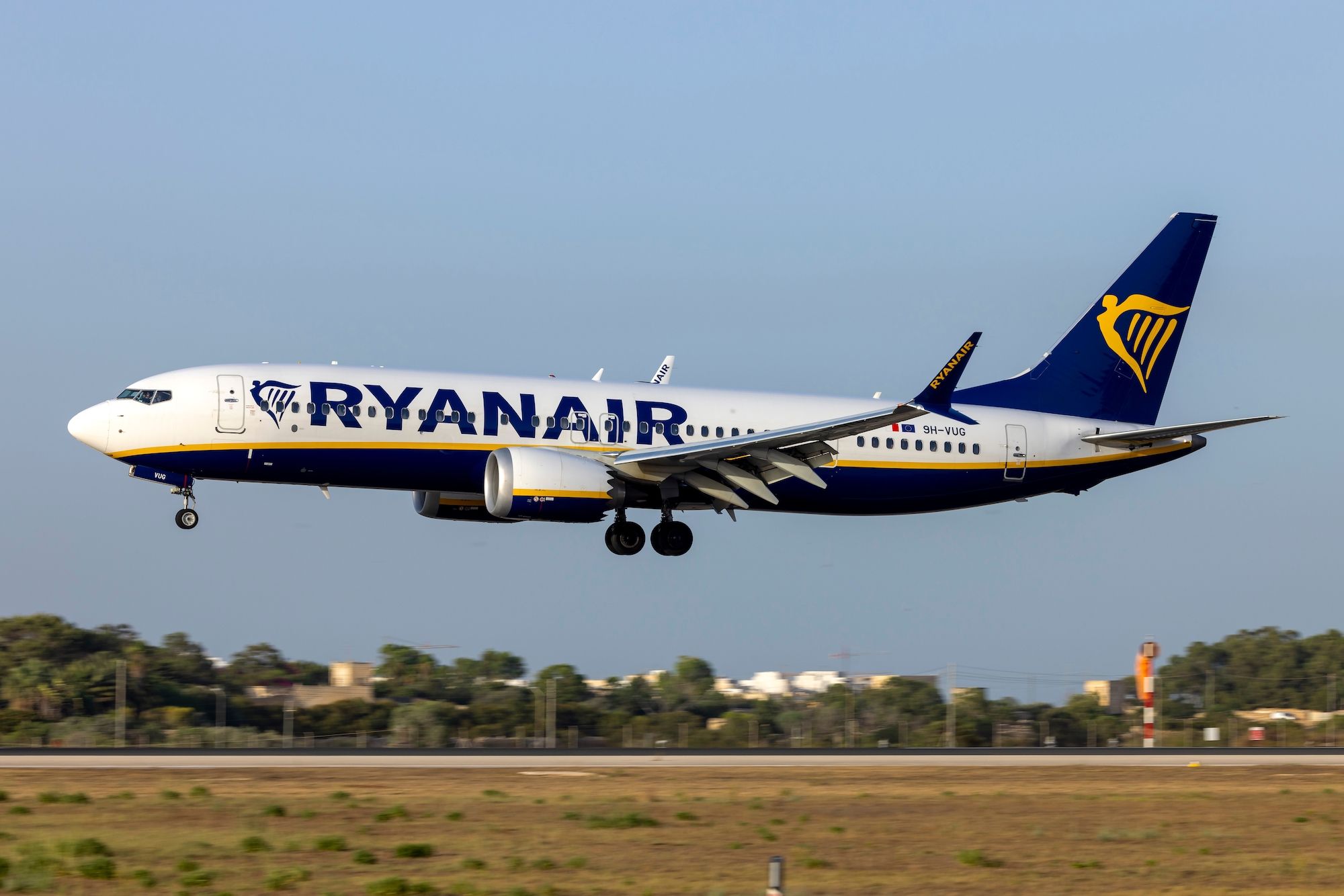 A Ryanair Boeing 737 MAX about to land.