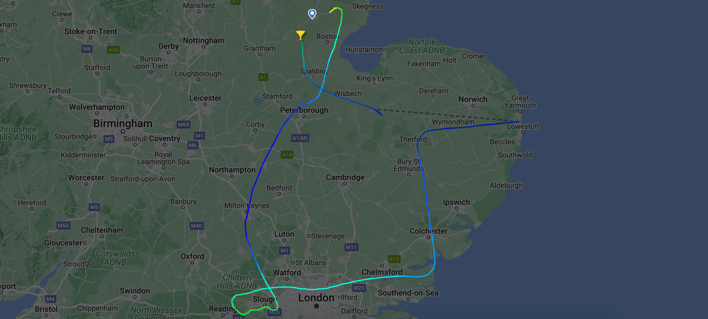 Flight pattern map above the UK for Typhoon 1