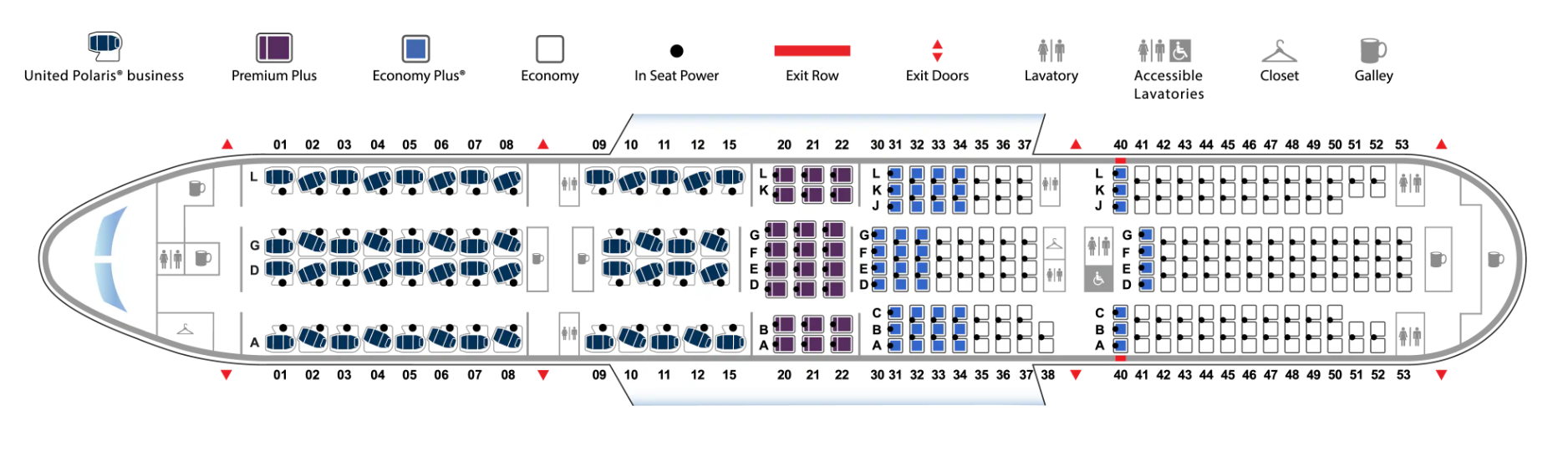 The seat map of a United Airlines Boeing 777-200, layout version 1.