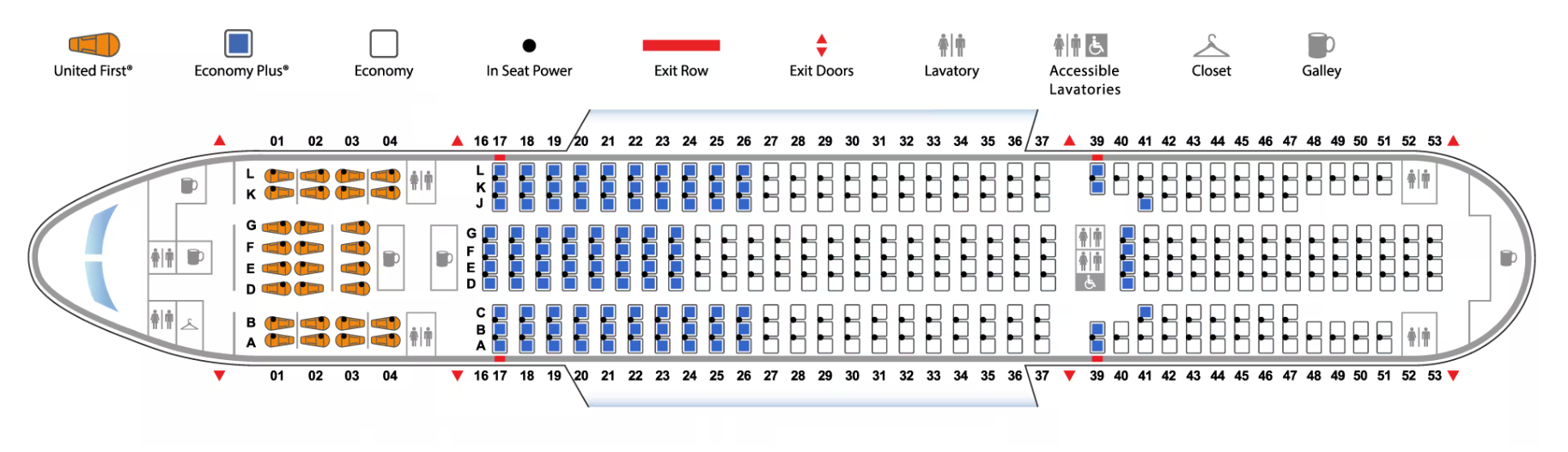 The seat map of a United Airlines Boeing 777-200, layout version 3.