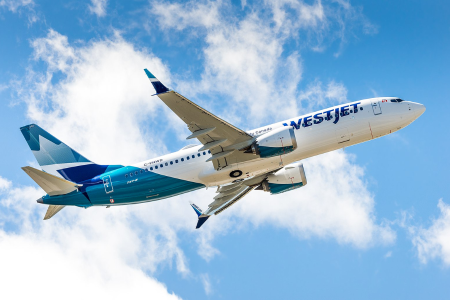WestJet Airlines Boeing 737 MAX 8 at Calgary International Airport.