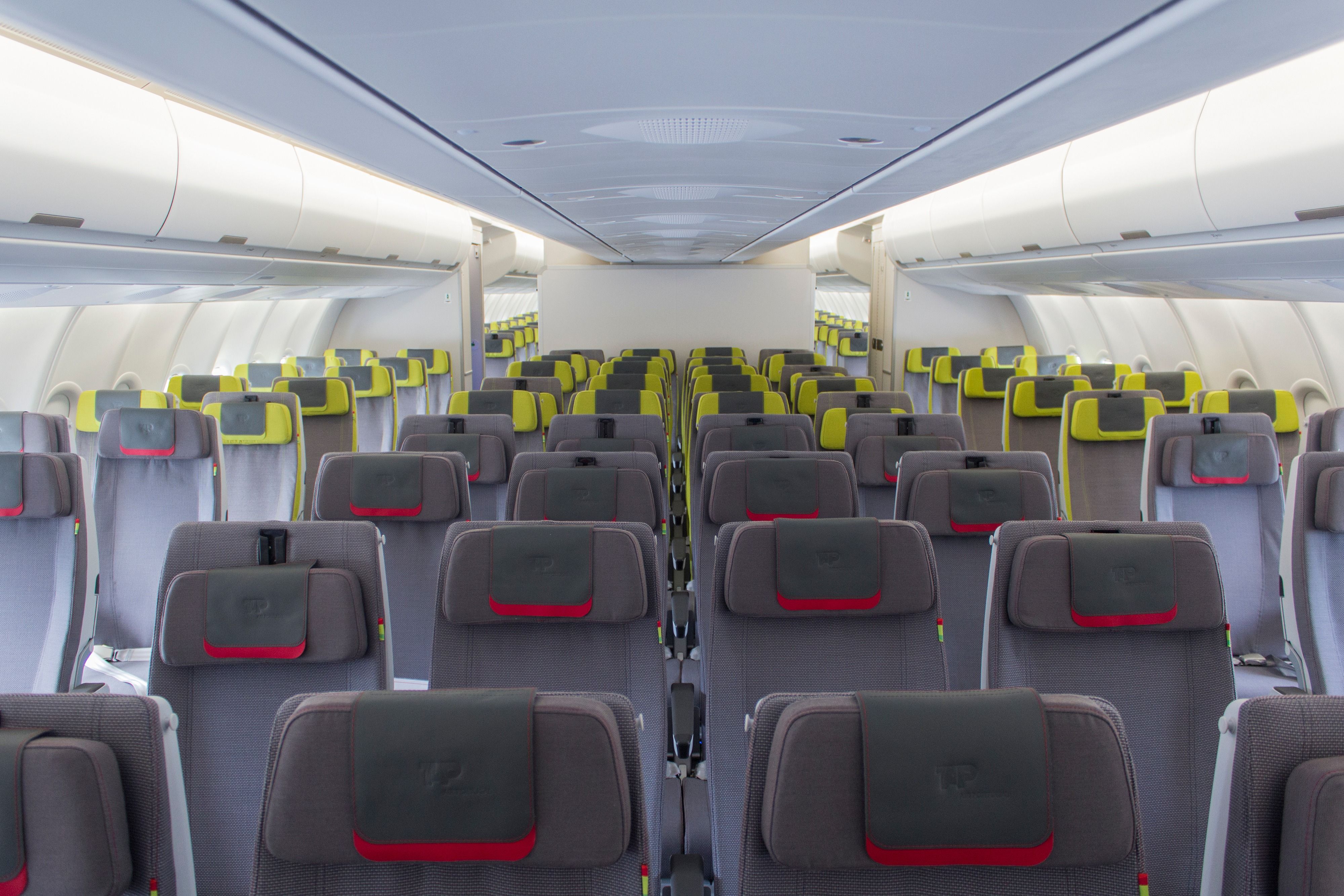 Inside the main cabin of a TAP Air Portugal Airbus A330neo.