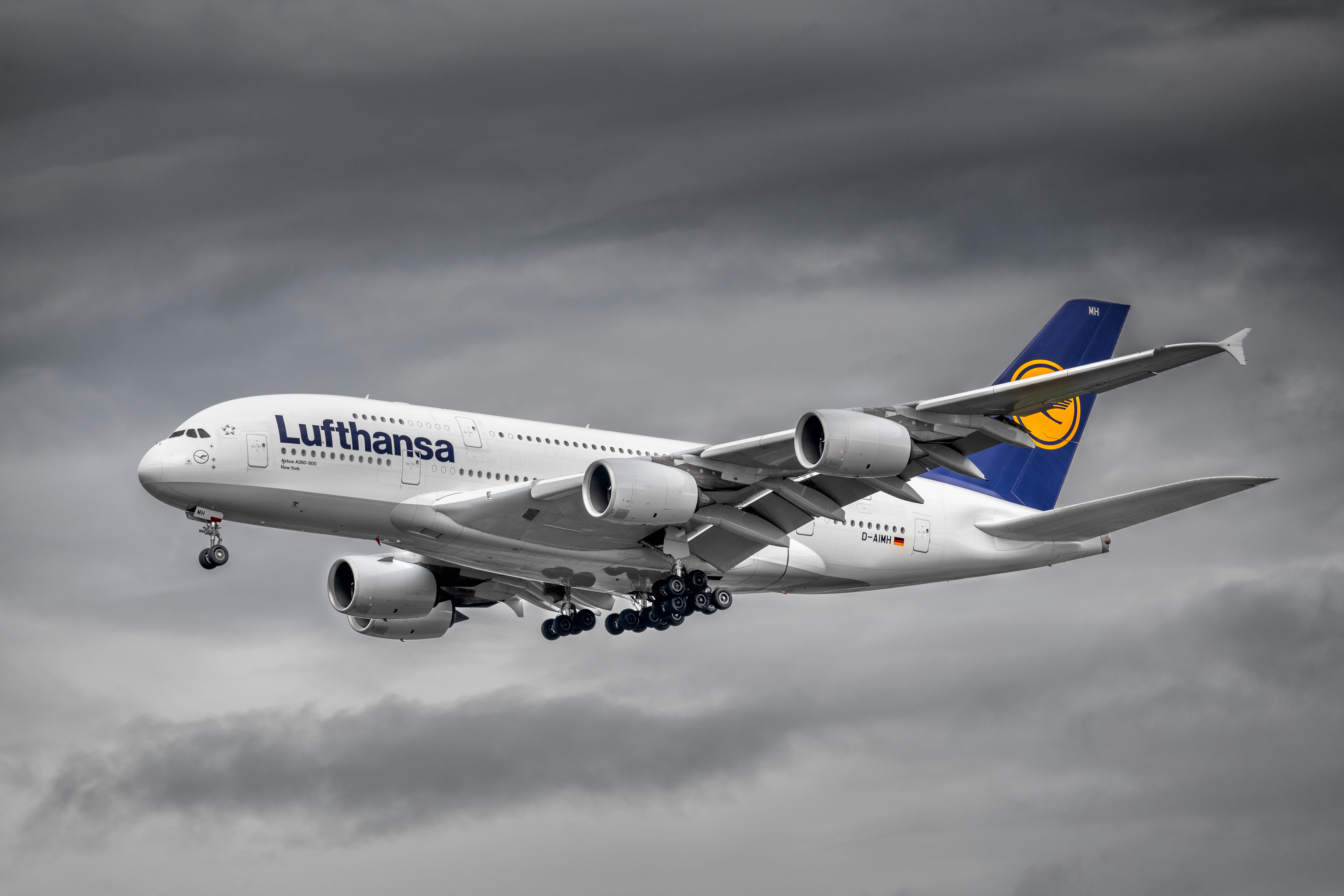 A Lufthansa Airbus A380 Flying in the sky.