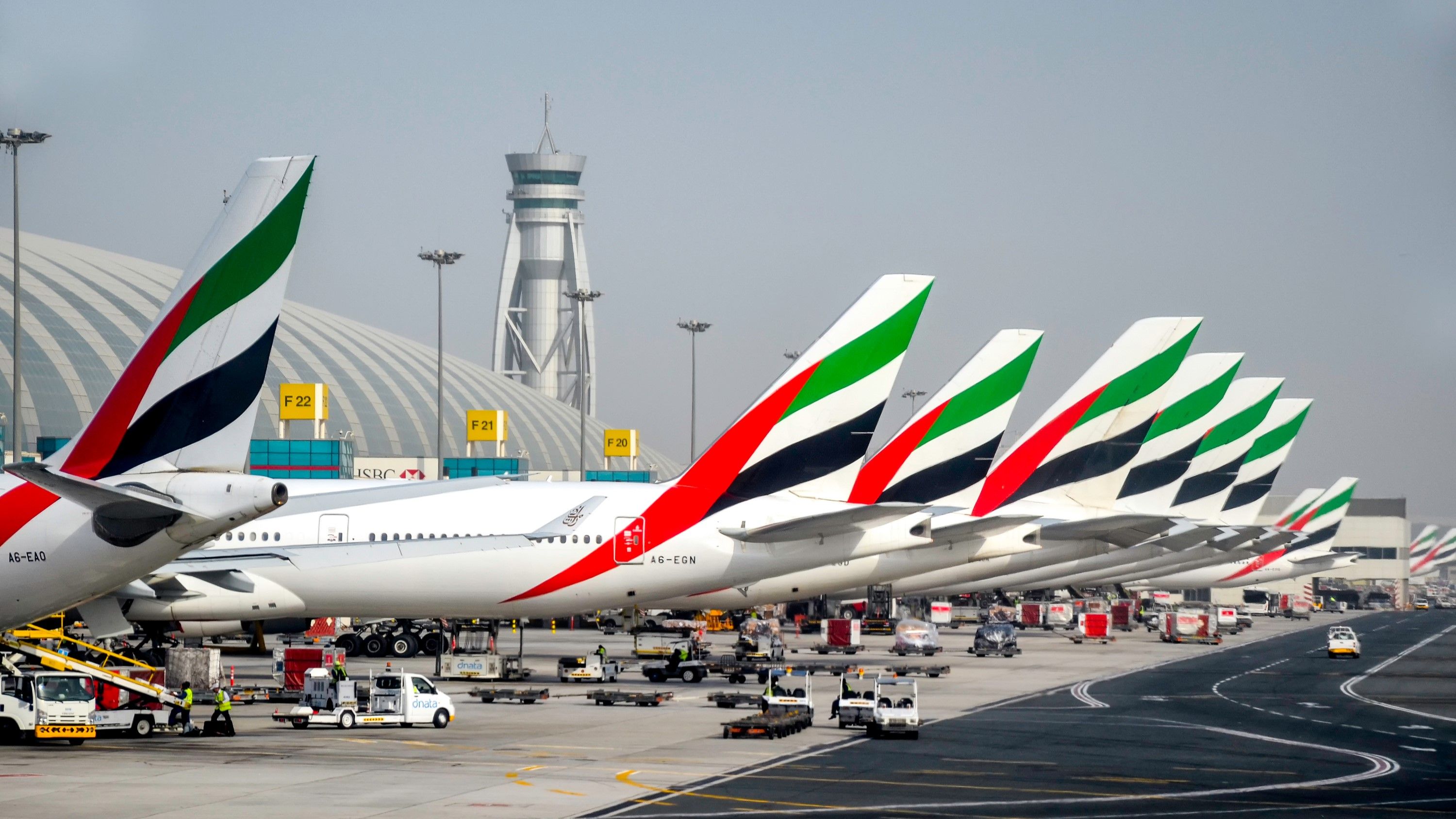 Emirates Tails Lined Up At Dubai Airport