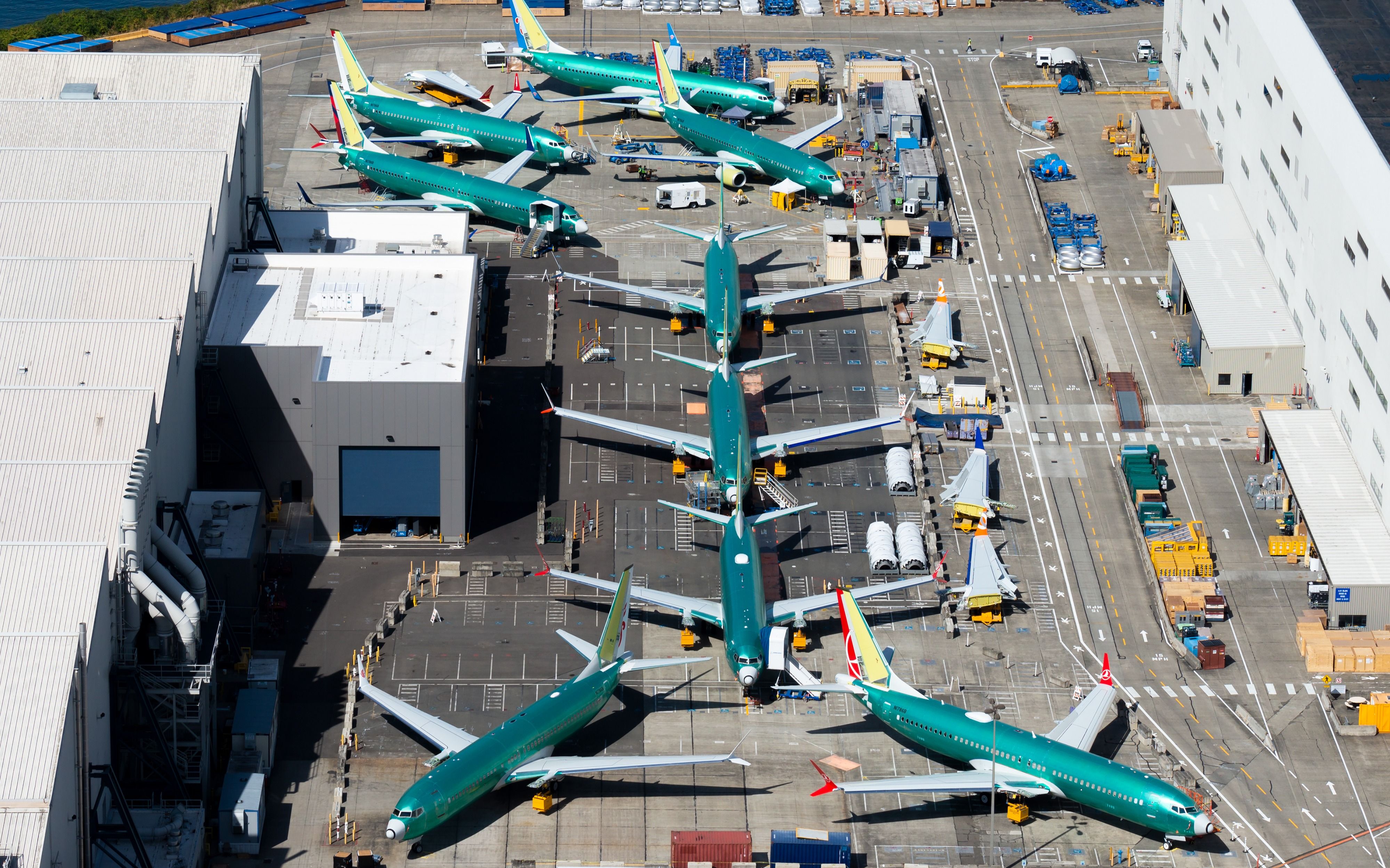 Many Boeing 737s parked outside the Renton Factory.