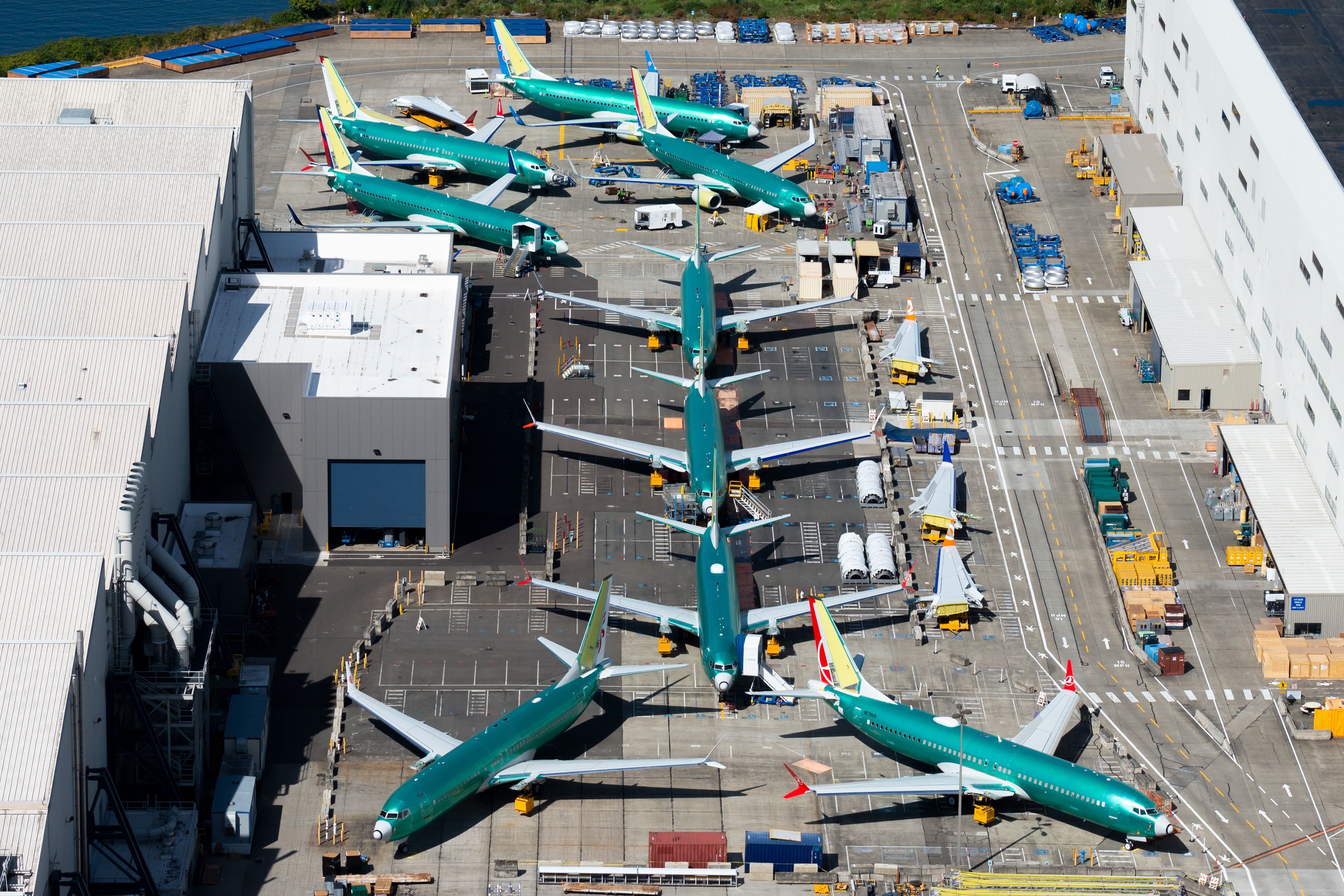 Many Boeing 737s parked outside the Renton Factory.