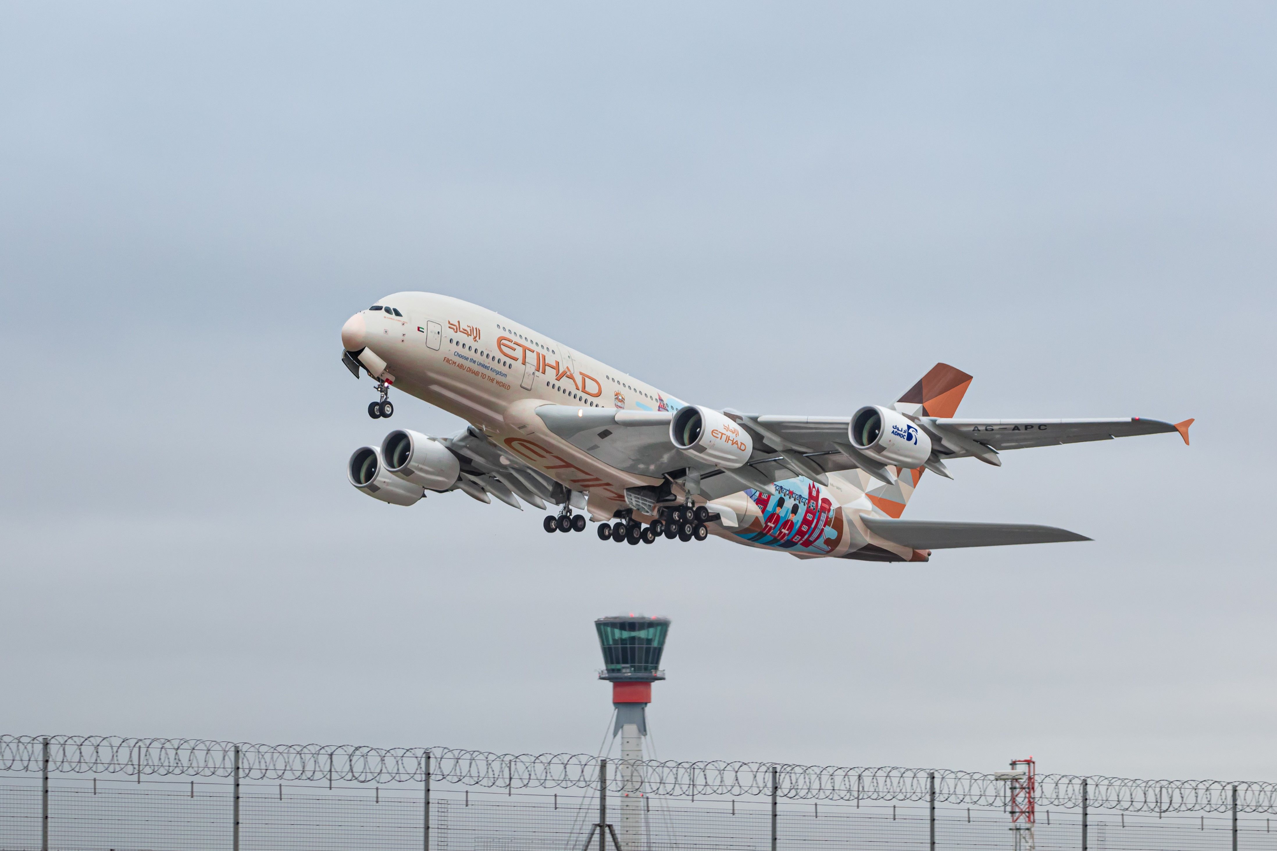 An Etihad Airways Airbus A380 Departing From London Heathrow Airport.