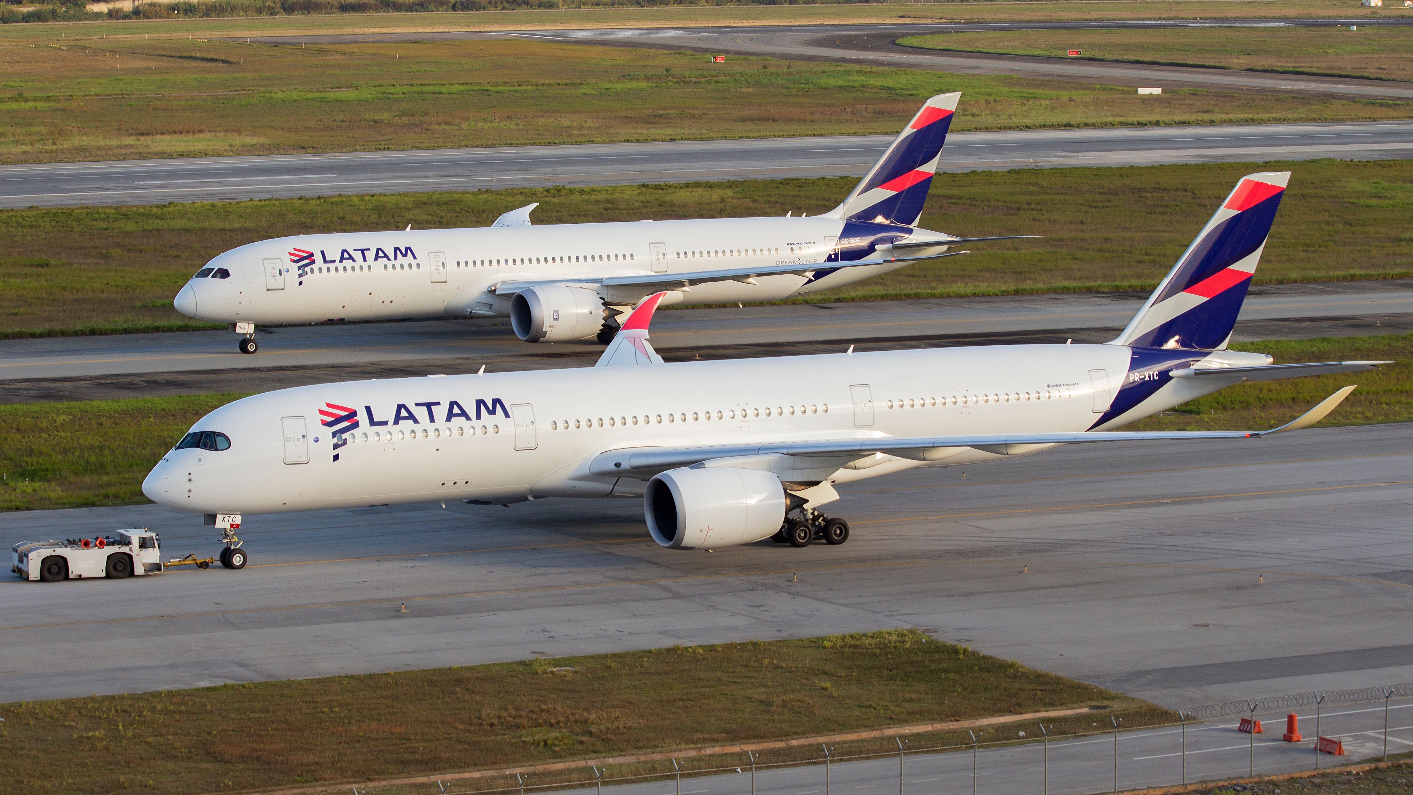 A Boeing 787-9 Dreamliner and Airbus A350 900 of Latam Airlines side by side at GRU Airport, Guarulhos Sao Paulo