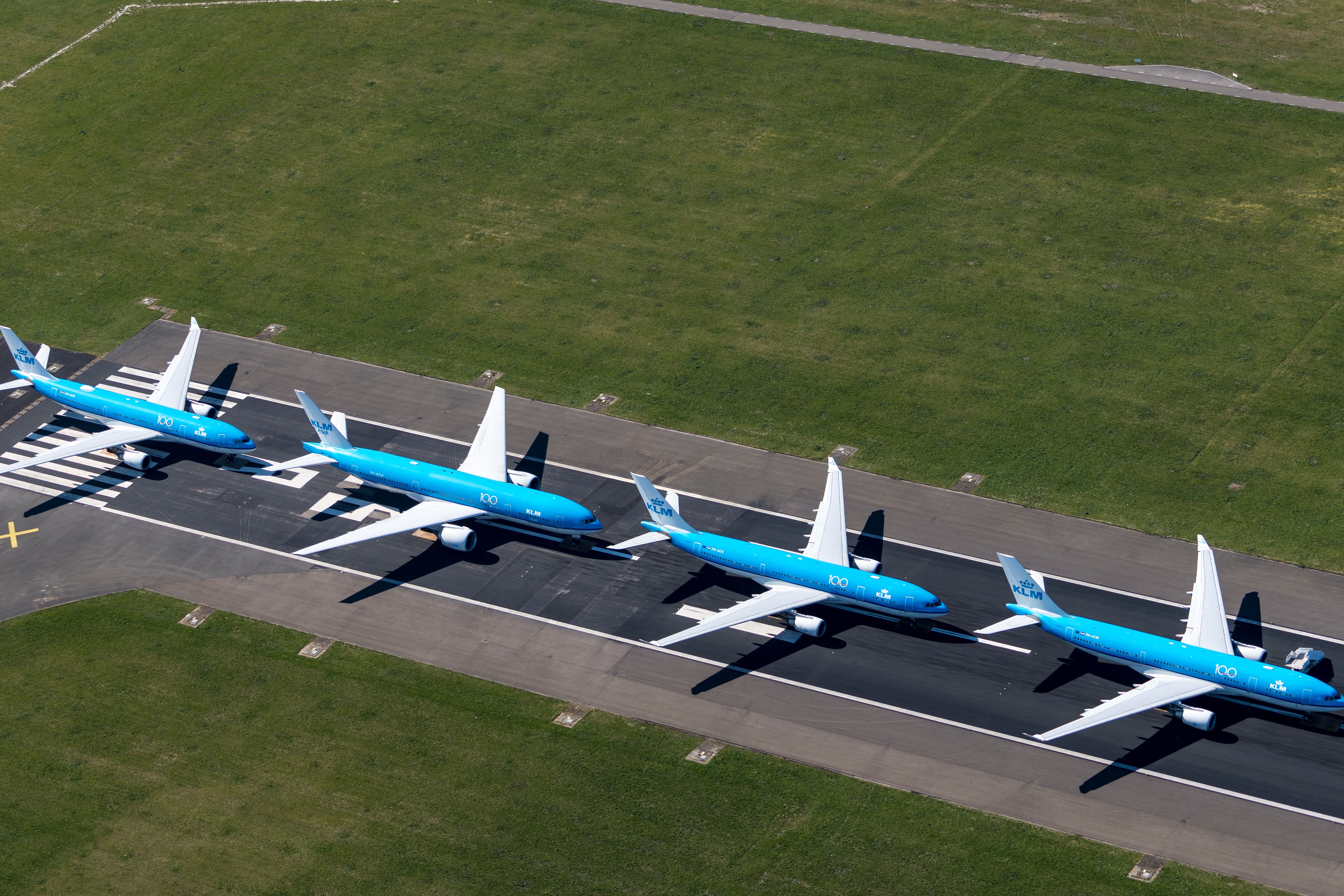 A fleet of KLM aircraft standing on the runway