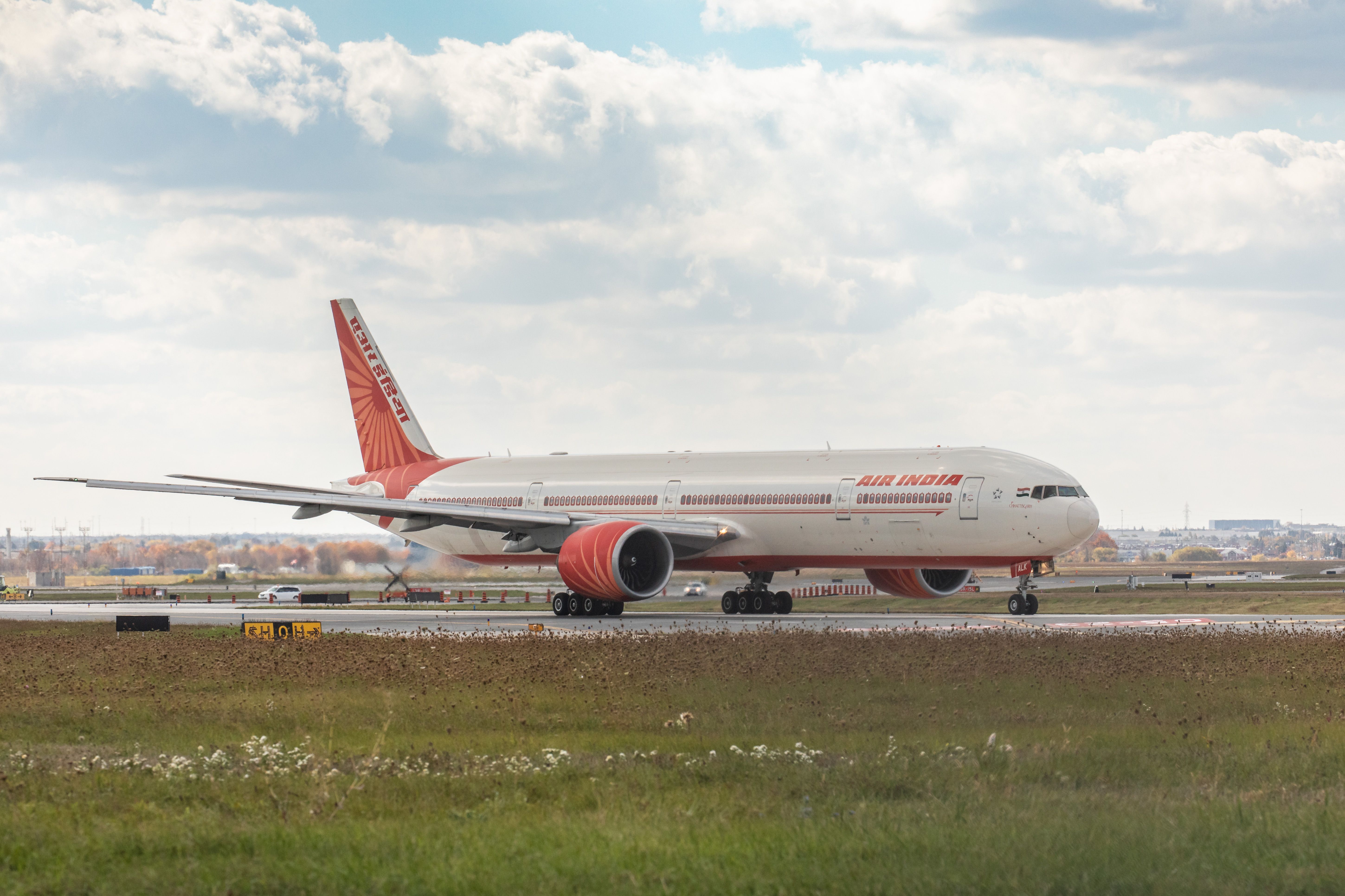 An Air India Boeing 777 getting ready to take off at Toronto Pearson Airport.