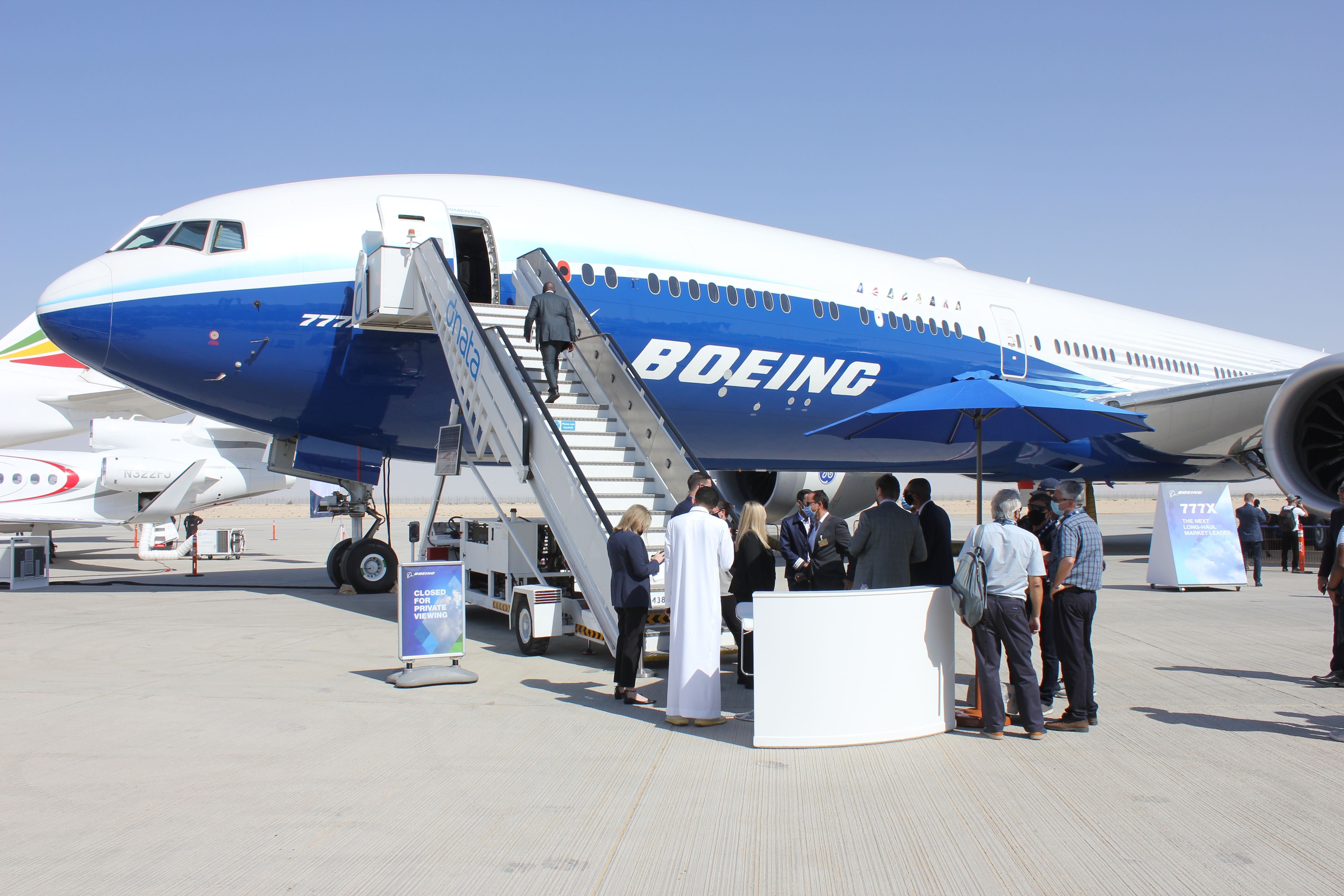 A Boeing 777X on Display at the 2021 Dubai Airshow.  