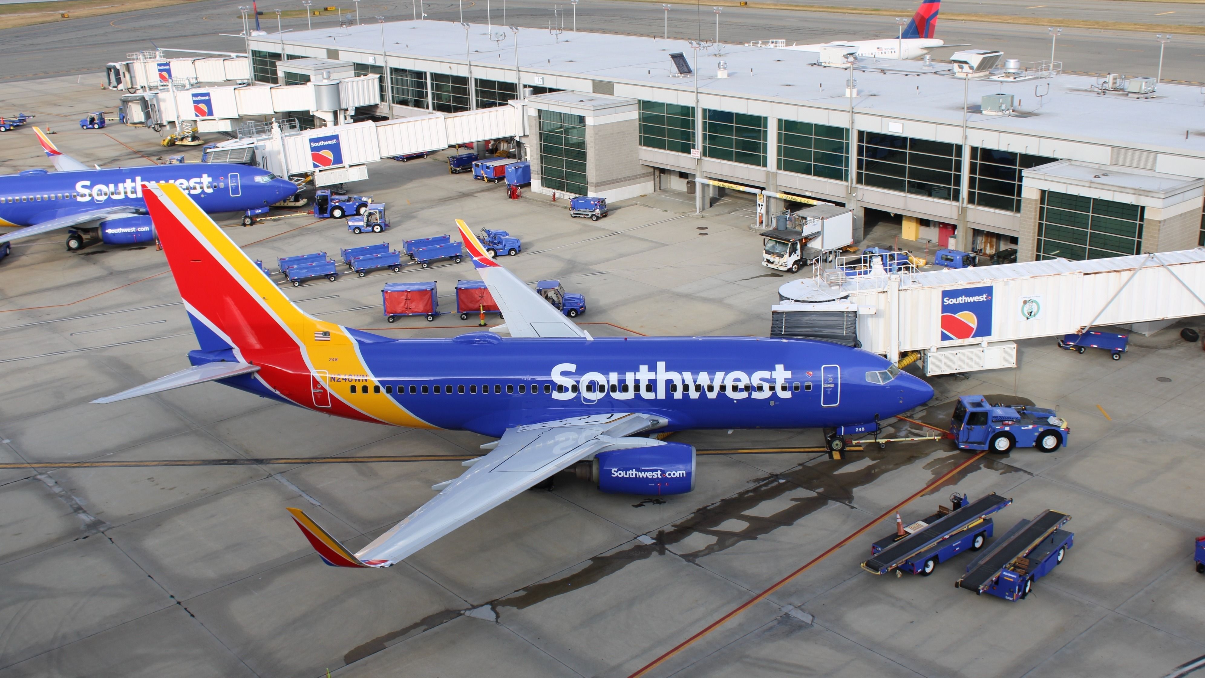 A Southwest Boeing 737 parked at the airport