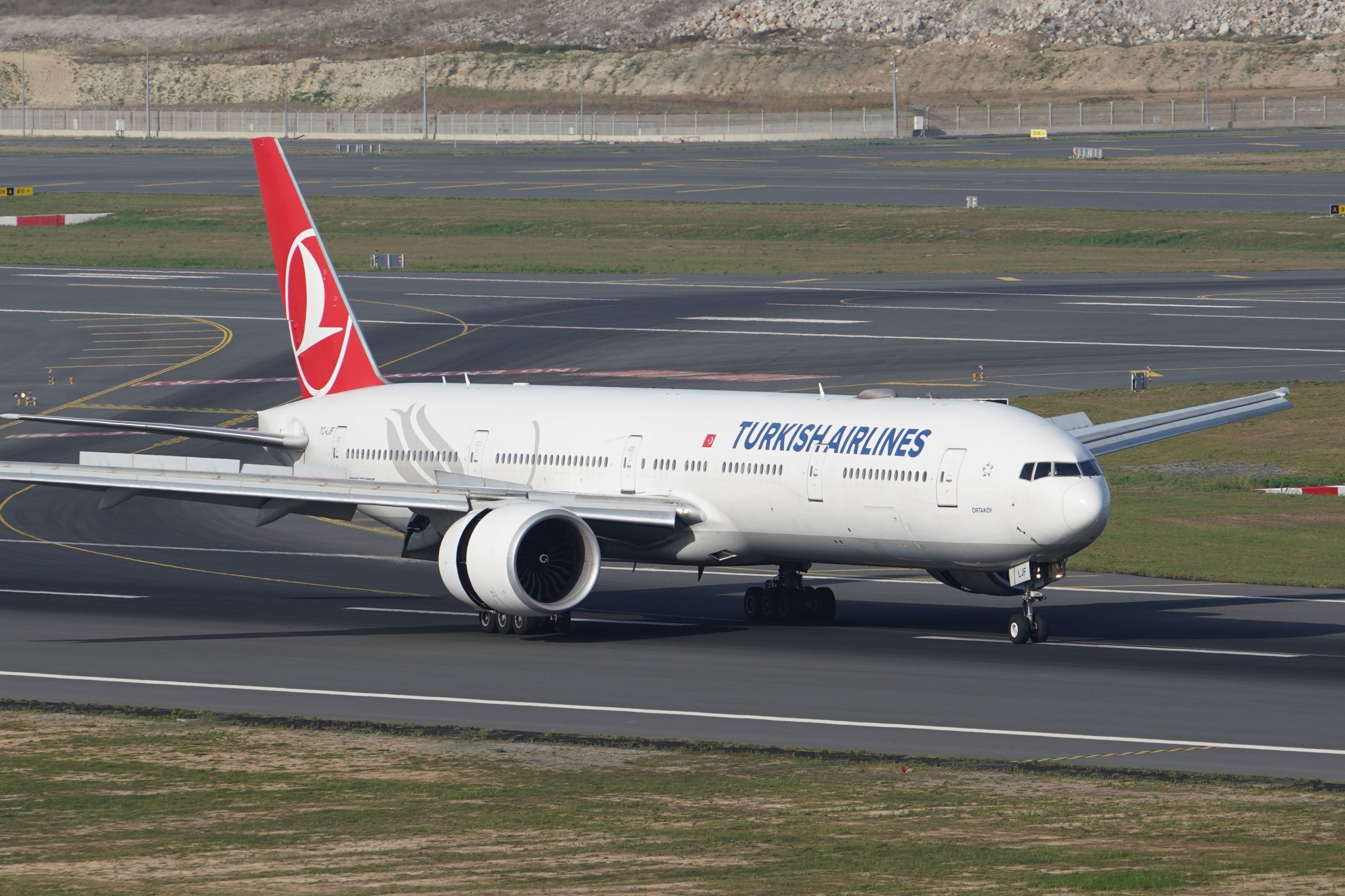 Turkish Airlines Boeing 777-3F2/ER landing at Istanbul International Airport.